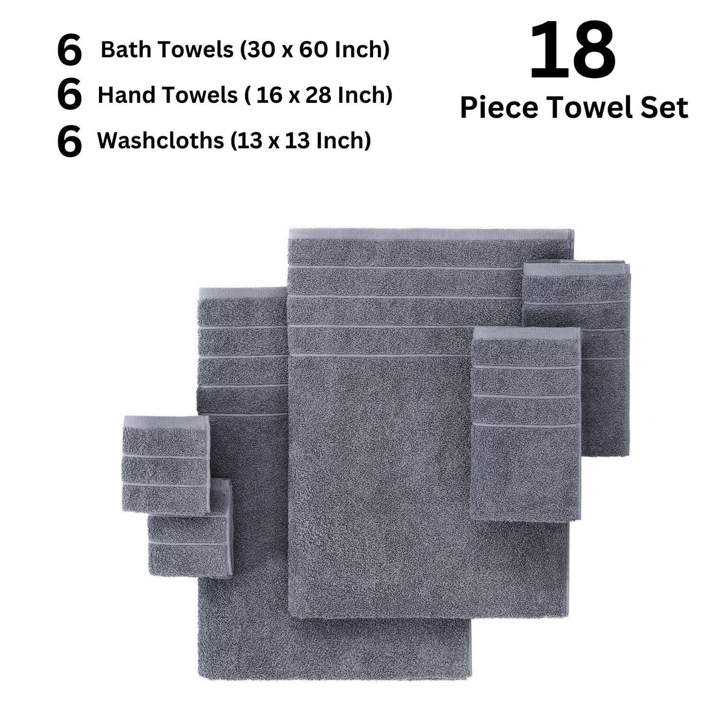 Casa Platino Bath Towels 18 Piece Towel Set Includes 6 Large Bath Towels(30"x 60"), 6 Hand Towels & 6 Washcloths, 100% Ring Spun Cotton Towels for Bathroom -Cool Grey