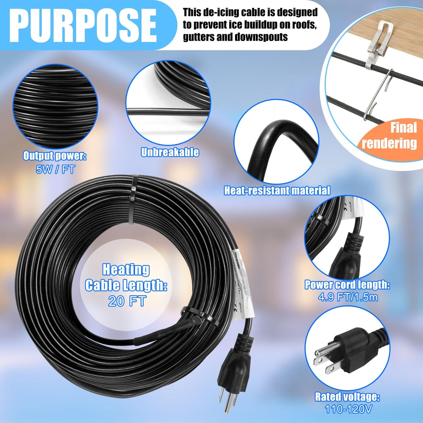 Retisee 3 Rolls 20 Feet Snow Melting Cable Gutter Heater Cable Roof Snow Deicing Cable Kit Roof Plug in Heat Tape Heat Snow Melting Deicing Roof Cable with Roof Clips and Spacers 110V, 5W Per Feet