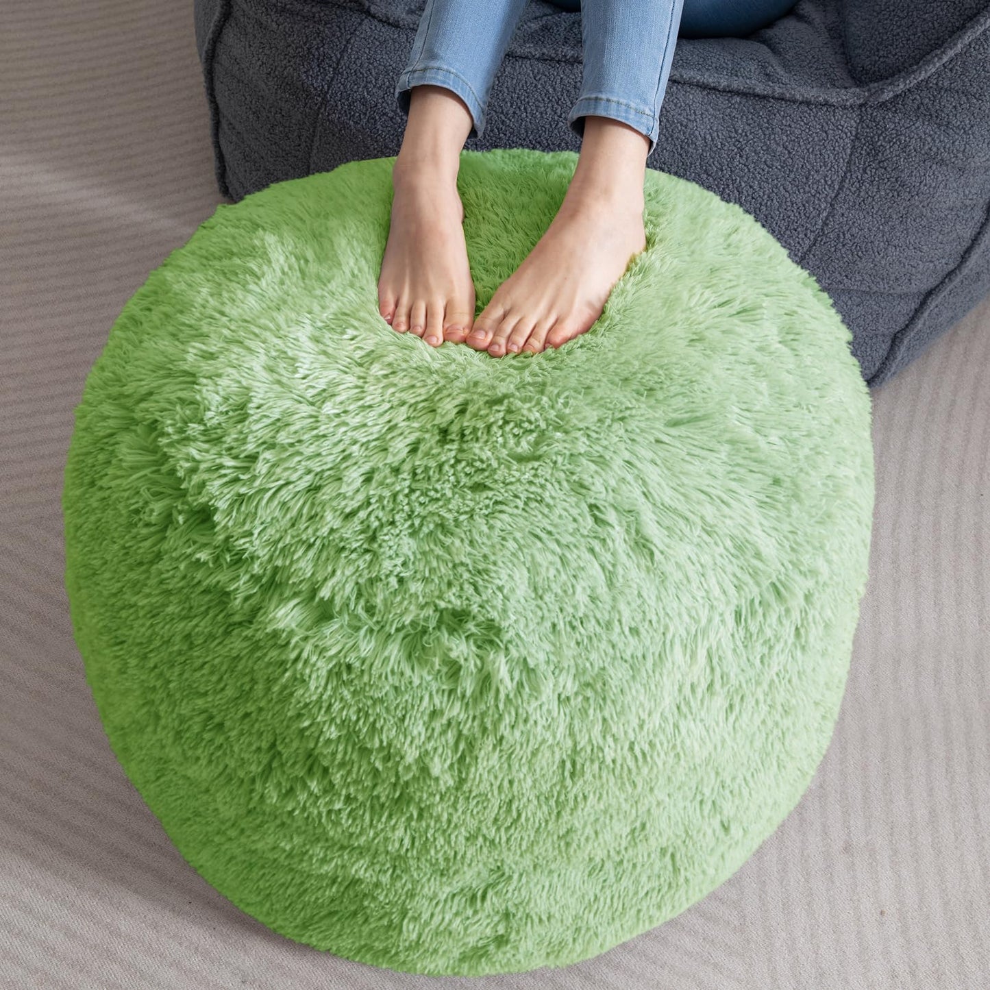 HIGOGOGO Round Stuffed Pouf Ottoman, Long Faux Fur Poufs with Foam Chunk Filling, Fluffy and Furry Pouf Foot Stool Storage Ottoman, 26 X 18 Floor Poufs Foot Rest for Living Room, Green