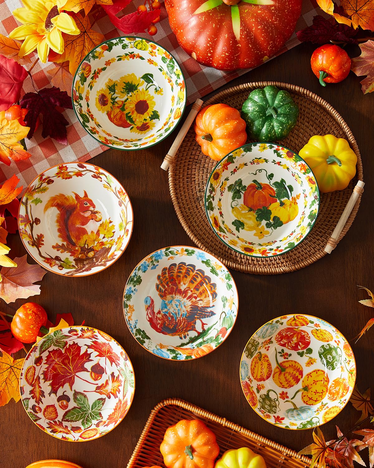 Metahom Fall Bowls Set of 6, Thanksgiving Ceramic Bowls for Cereal, 6.3" Pumpkins Soup Bowls, Autumn Harvest, Dishwasher and Microwave Safe