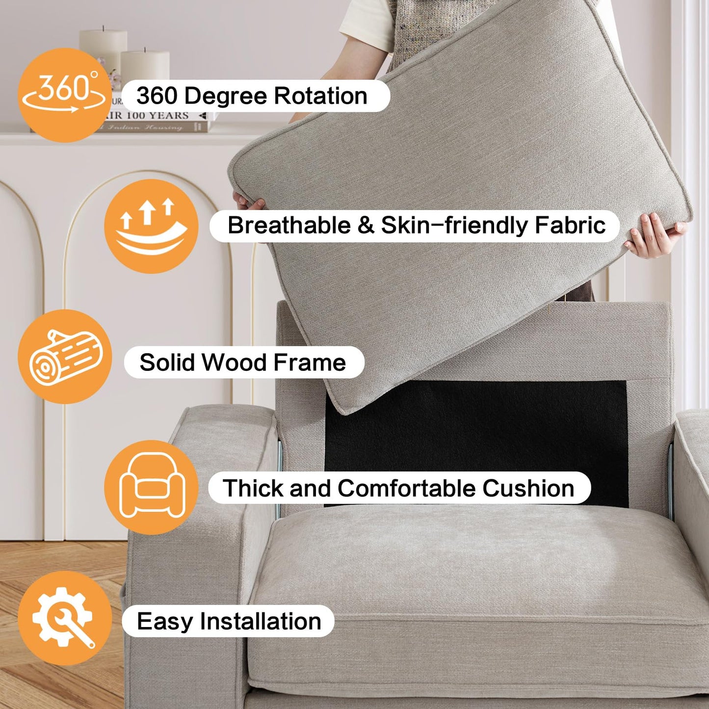 COOSLEEP Swivel Single Accent Sofa in Performance Fabric, 4.75“Extra Wide Armrests, Removable Cloth Cover,Steel and Wood Construction up to 350 LBS for Living Room Bedroom (Beige)