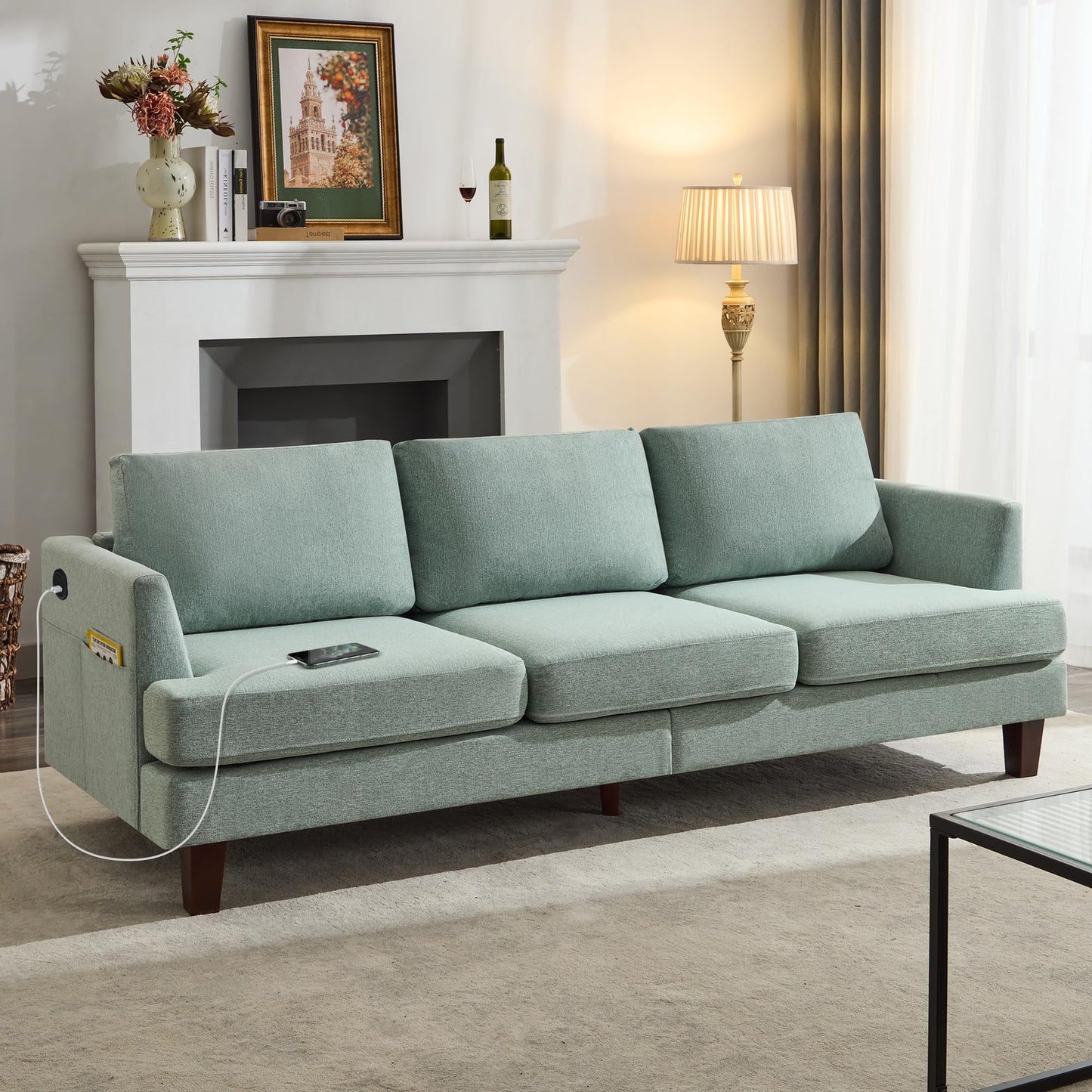 88" Sofa Couch with Deep Seats, 3 Seater Sofa with USB Charging and Side Pockets, Comfy Couches for Living Room with Armrests, Morden Sofa with 3 Soft Pillows for Home, Bedroom, Green