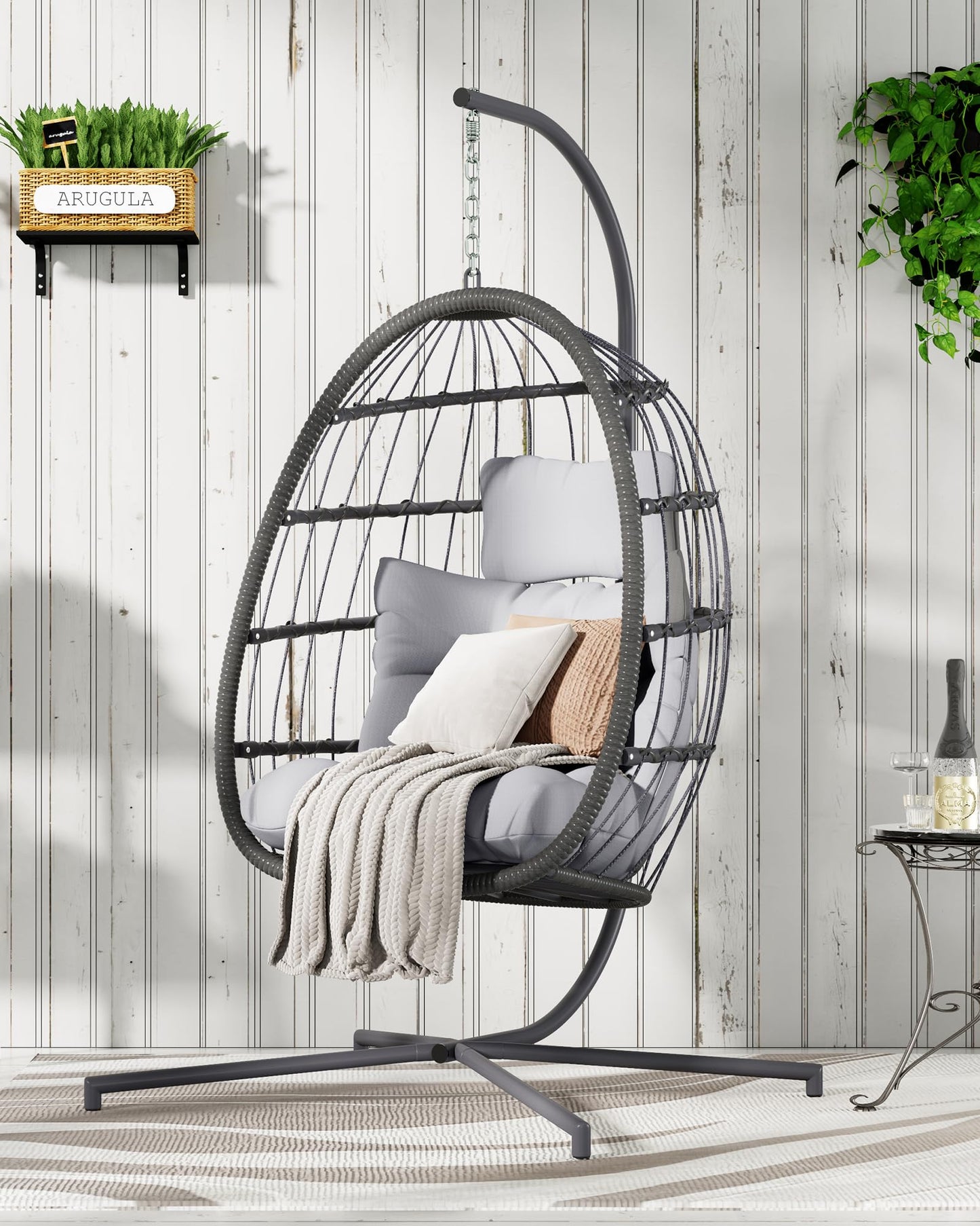 HWB Hanging Egg Chair with Stand, Patio Wicker Hammock Egg Swing Chair with Cushion for Bedroom Garden Indoor Outdoor (Grey)