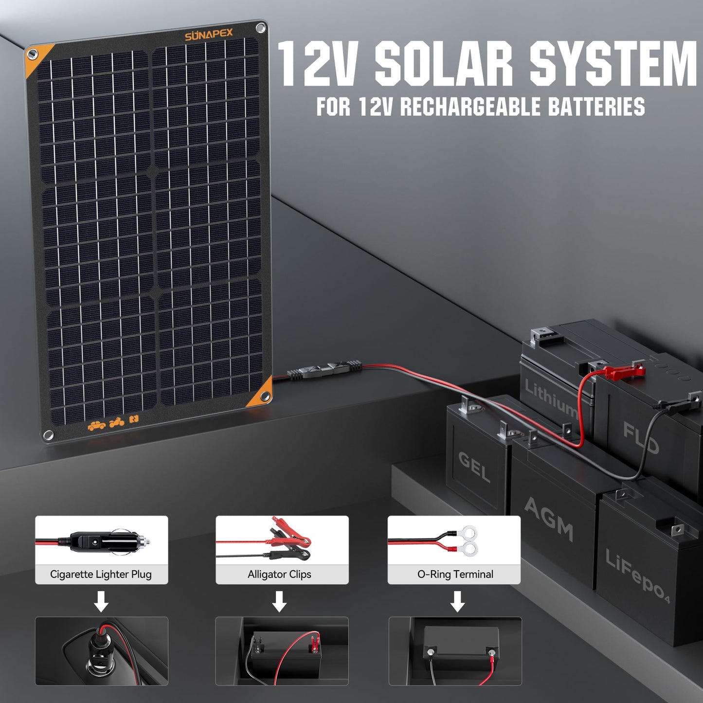 SUNAPEX 30W 12V Solar Panel Battery Charger Maintainer, Portable Waterproof Solar Trickle Charger with Built-in Charge Controller, Cig Plug, Alligator Clips, O-Rings for Car, Truck,Tractor, Boat, etc