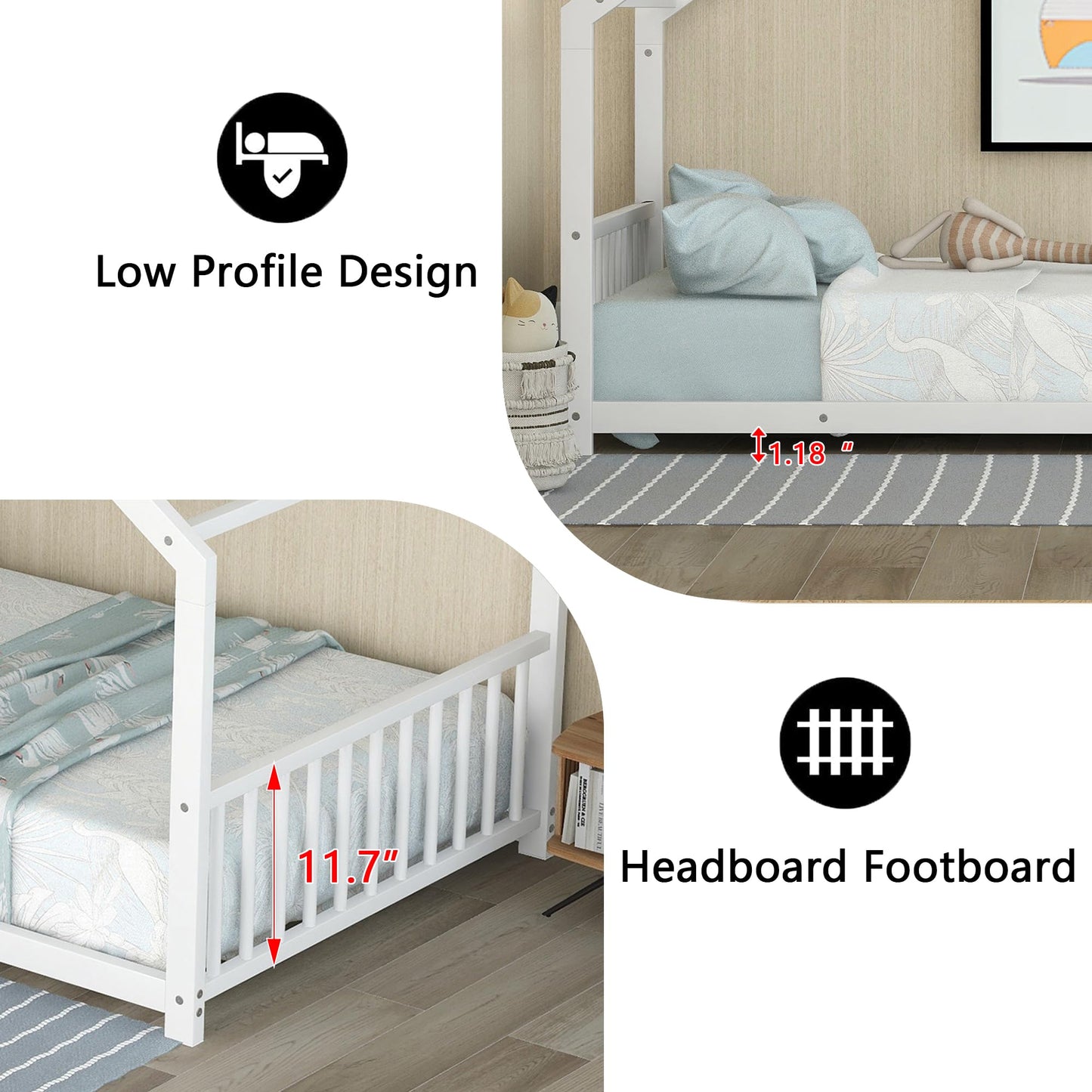 Montessori Floor Bed with Headboard and Footboard, Twin Floor Bed with Slats, Metal House Floor Bed for Kids, Girls, Boys, White Montessori Bed Twin Size