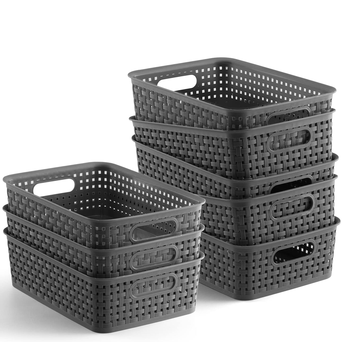 NETANY Plastic Storage Baskets - 8 Pack, Gray, Durable, Easy to Use, Flexible, Multi-Purpose, Ideal for Closets, Cabinets, Shelves, Countertops