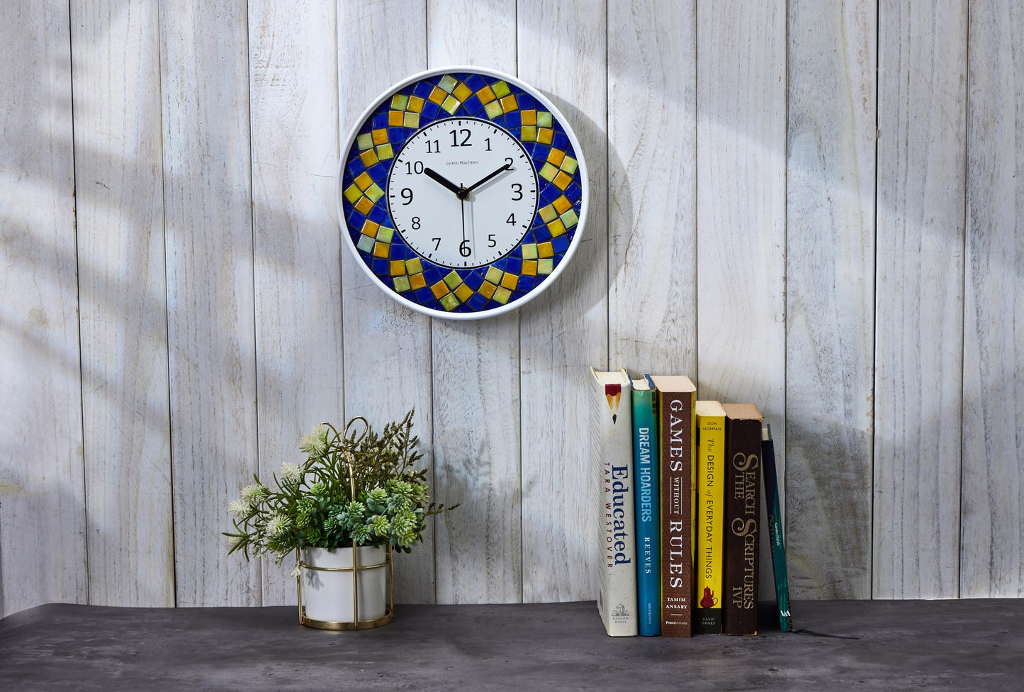 Guten Machten 10'' Mosaic Small Wall Clock Glass Silent Non-Ticking Analog Living Room Decor Office Unique Pattern Square Yellow Blue CLK002