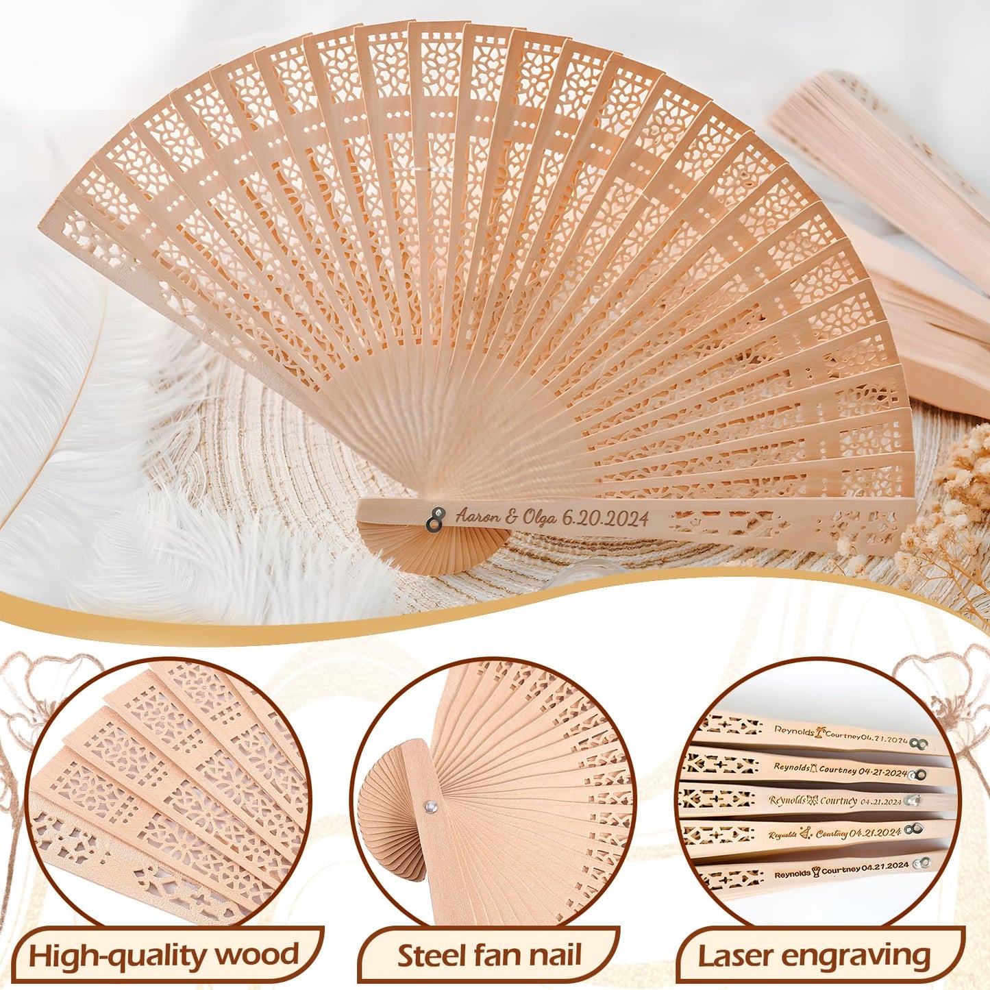 JONZIN 50Pcs Personalized Wooden Folding Hand Fans - Custom Wedding Fans for Guests Engraved Text Wedding Fans for Party Favors Bridal Shower Wedding Gift for Guests Bulk (50)