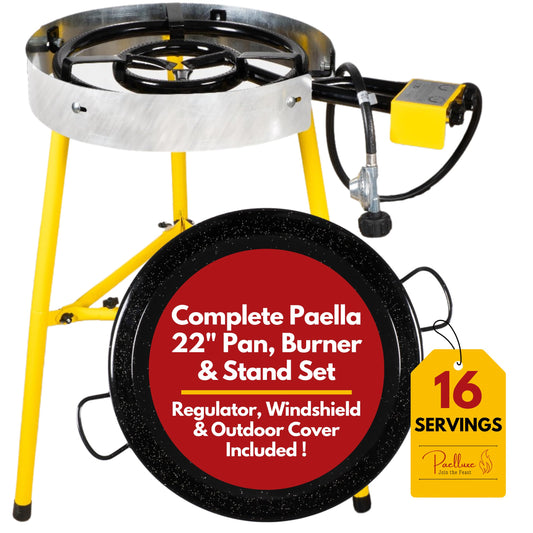 Paelluxe Complete Paella Pan Burner & Stand Set - Double Propane Burners, 22 Inch Pan Set - Outdoor Gas Stove - Portable Cooking - Wok Burner, Table Top Burners - Camping Grill, Backyard & Patio Stove