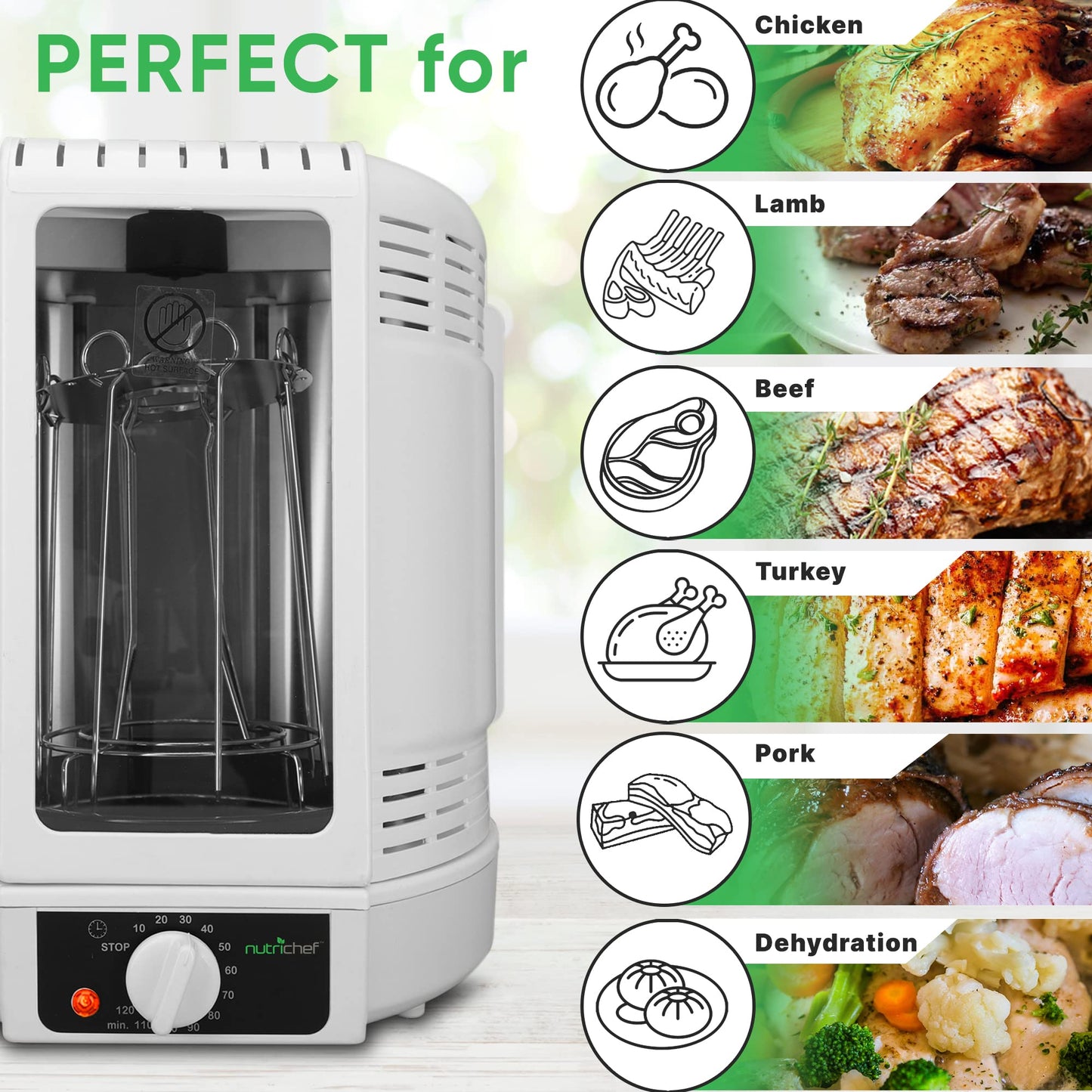 NutriChef Vertical Rotisserie Oven Roaster - Rotating Shawarma/Kebab Machine with Skewer and Rack, Basket Tower, Roasting Rack, Poultry Tower, Drip Tray - For Meat Chicken Turkey Lamb - PKRT15 White
