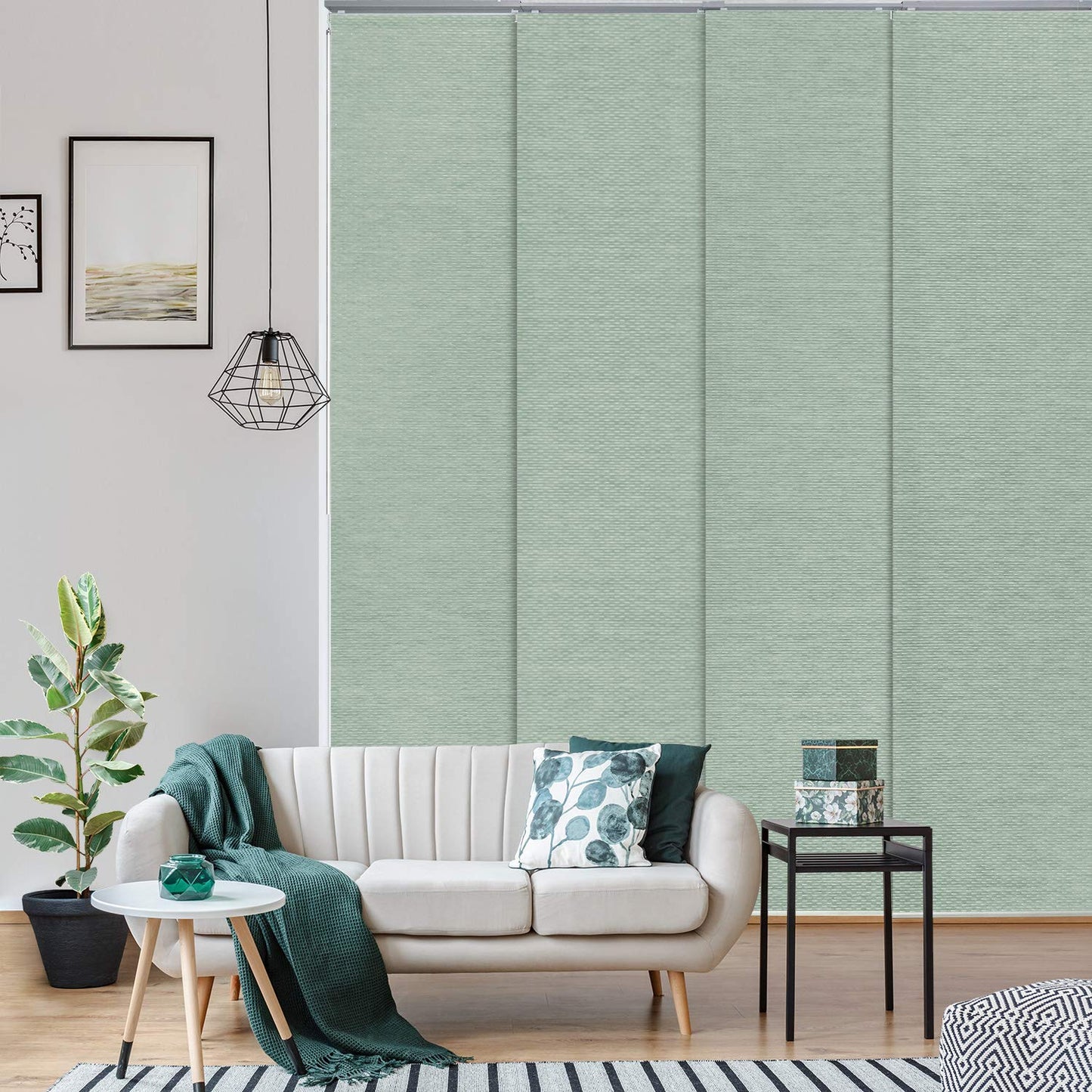 GoDear Design Adjustable Sliding Panel Track Sliding Glass Door Blinds 45.8"- 86" W x 96" H, Extendable Vertical Blinds for Patio Doors, Green Shimmering Trimmable Woven Fabric Panel, Semi-Sheer, Jade