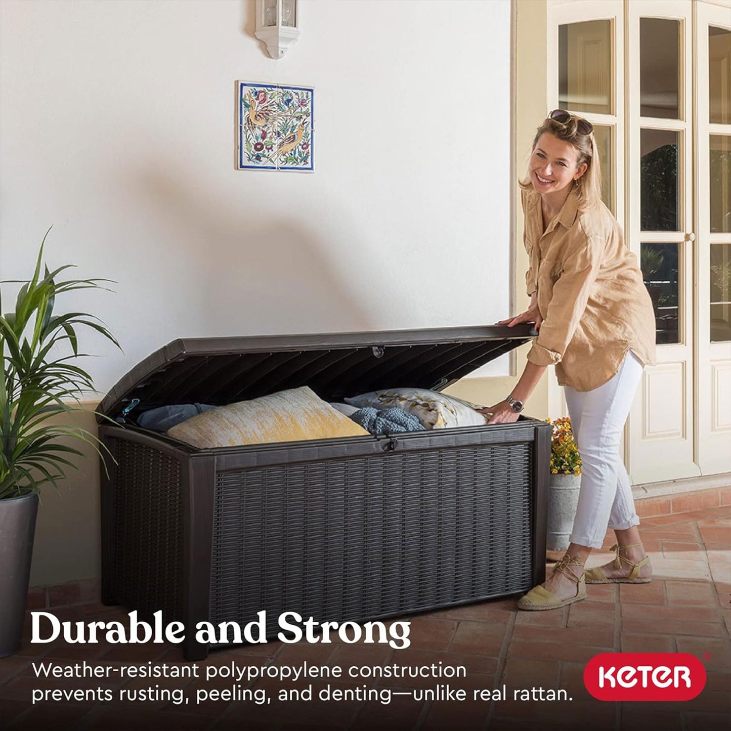 Keter Borneo 416L Storage Box, All-Weather Wicker Rattan-Style Resin Deck Box and Stylish Outdoor Bench with Piston-Assisted Lockable Lid, Light Grey