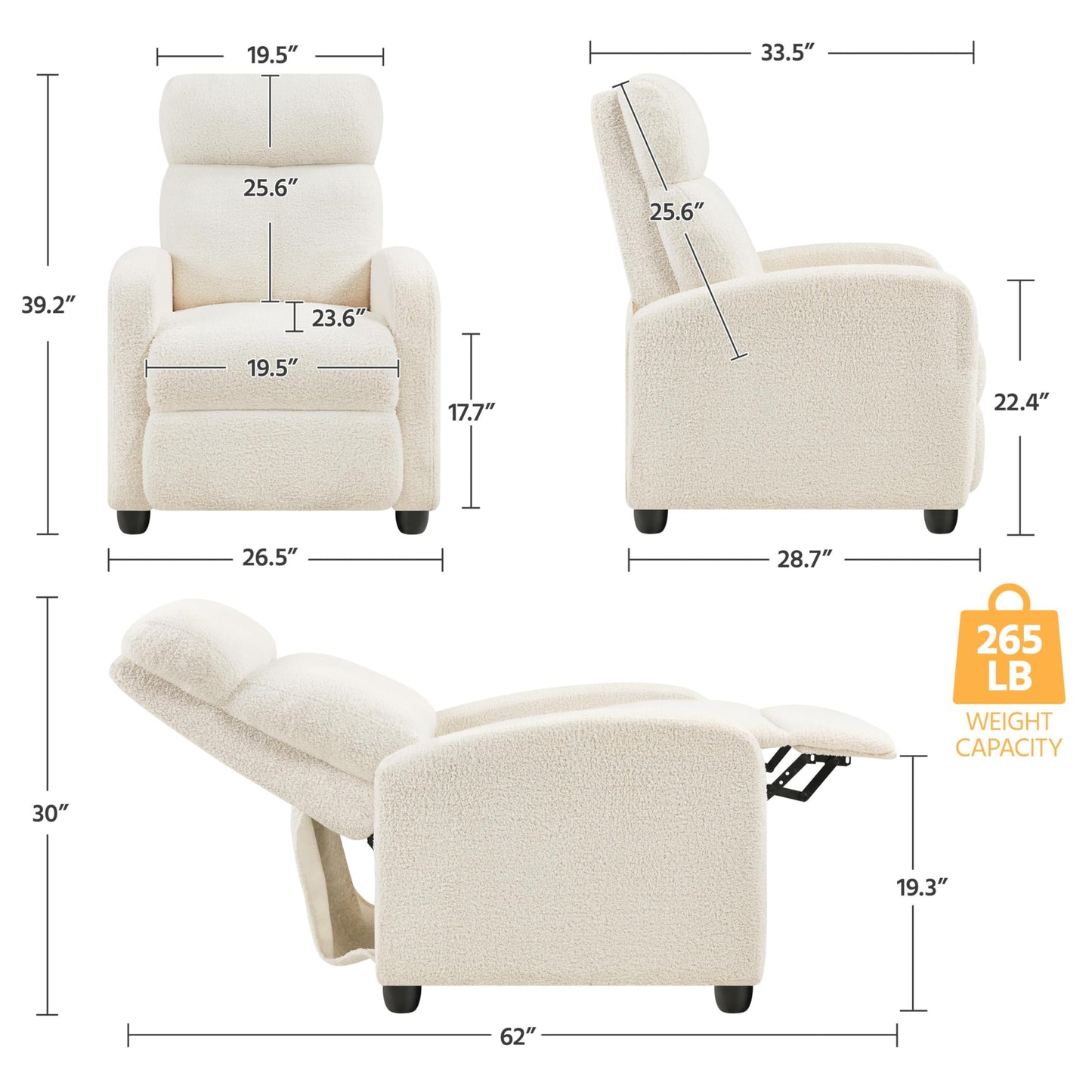 Yaheetech Fabric Recliner Chair Single Sofa Home Theater Seatting Adjustable Modern Single Reclining Chair for Living Room Bedroom Home Theater Ivory