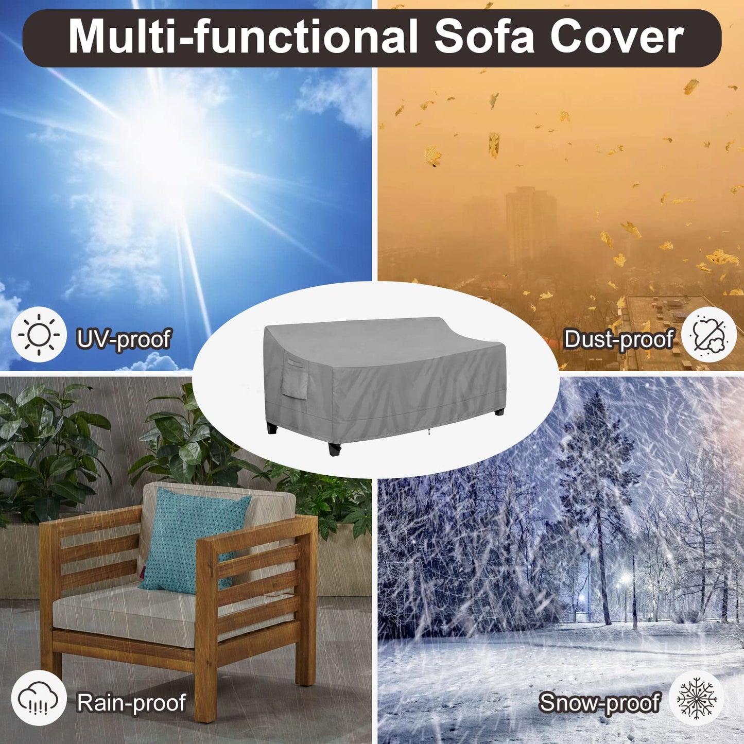 PureFit Outdoor Couch Cover Waterproof Patio Sofa Furniture Covers, 3-Seater Outdoor Cover with Air Vent and Handles, 78W x 35D x 35H Inches, Gray