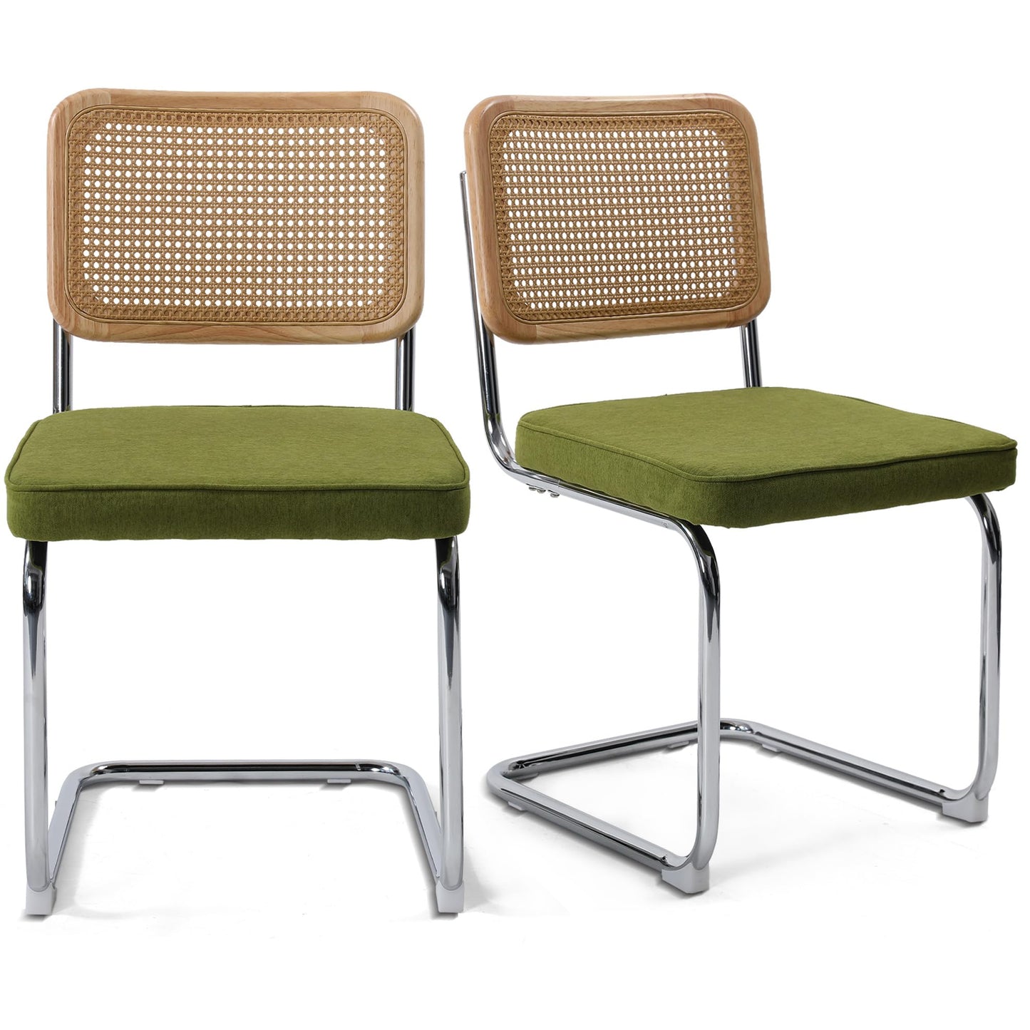 KROFEM 31.5" Modern Cesca Cane Dining Chairs, Set of 2, Handwoven Rattan Cane Back, Chrome Base, Upholstered Cotton Seat, Ideal for Kitchen or Dining Room, Green