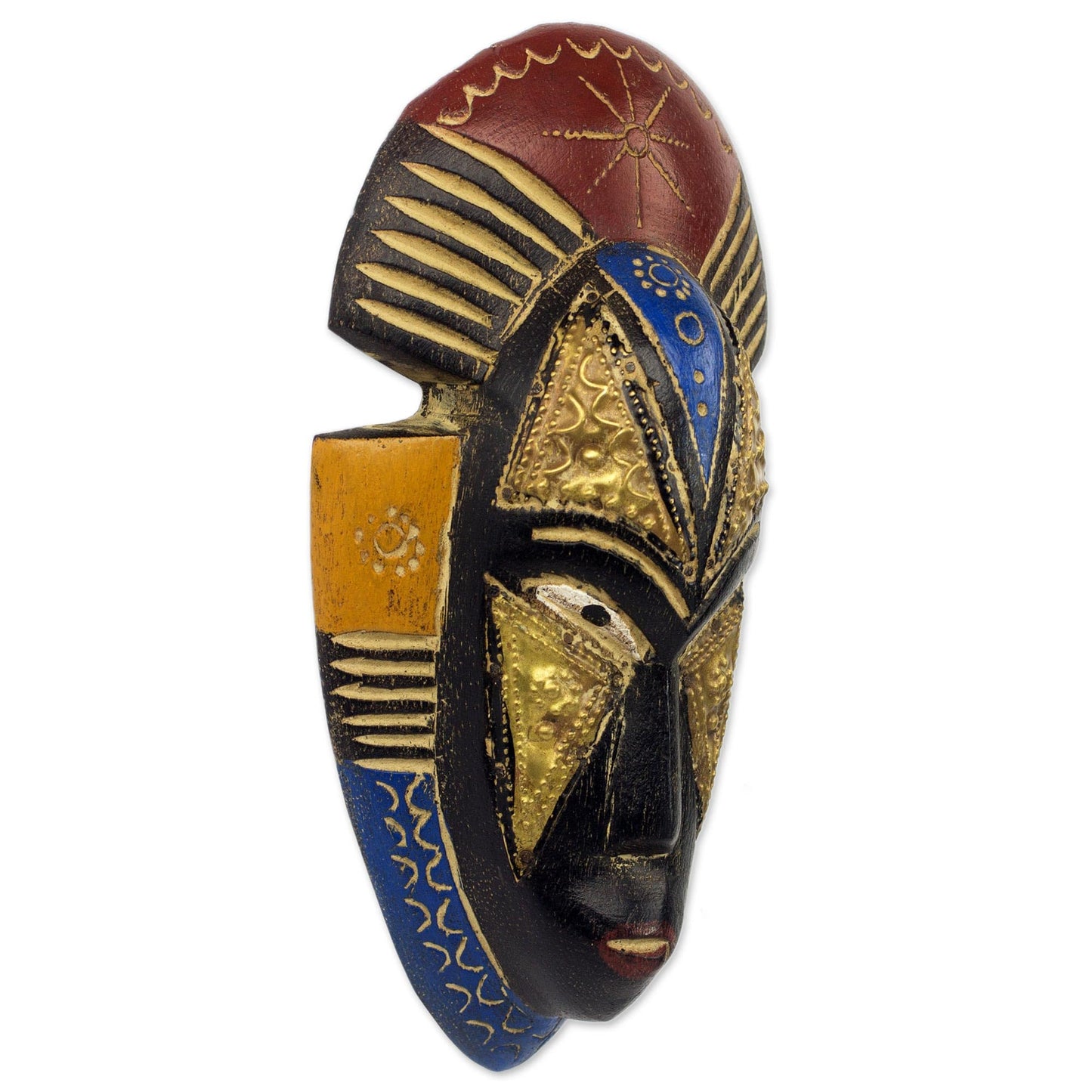 NOVICA Artisan Handmade African Wood Mask Sese Wall with Brass Accents Multicolor Brasswood 'Opeyemi'