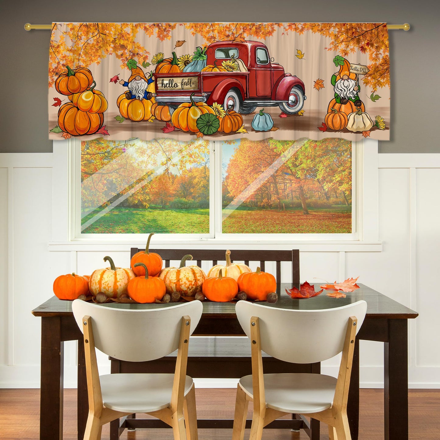 Fall Valance Curtain for Kitchen-Fall Decorations Orange Window Valance for Living Room Bedroom Scroll -Fall Gnomes Decor Rod Pocket Valances Pumpkin Truck-Autumn Window Treatment Valance 18" X 54"