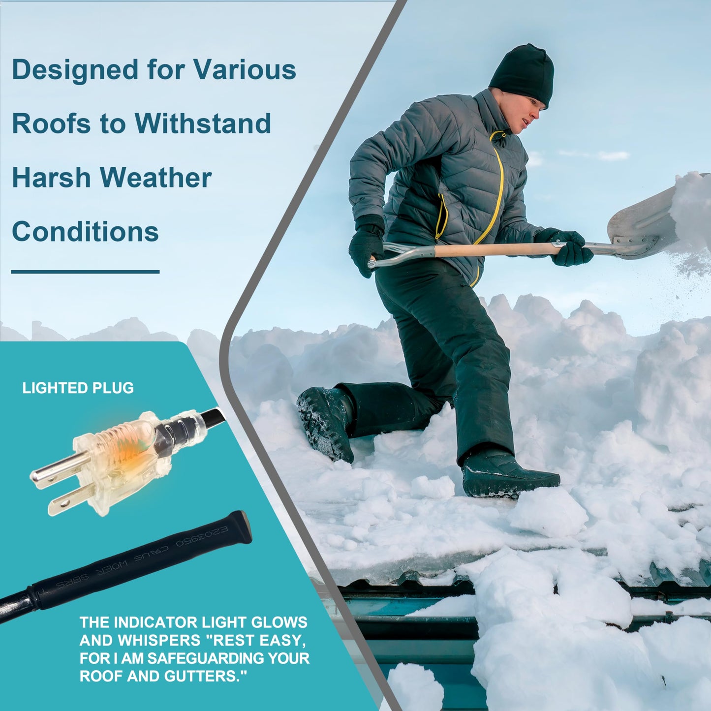 MAXKOSKO Roof Gutter Heat Cable for Snow Melting, Electric Self Regulating Roof De-Icing Heat Tape with 10 ft Power Cold Lighted Plug, 6 W/Ft, 120 V, 50 FT