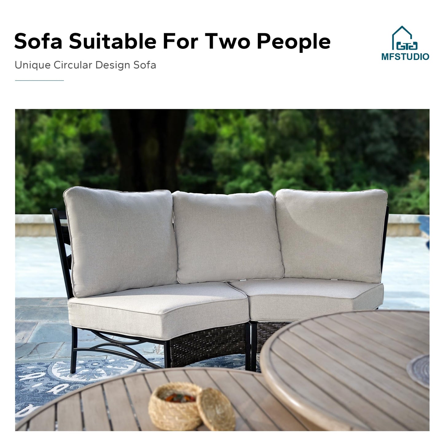 MFSTUDIO Patio Furniture Set, 8 Seats Half-Moon Curved Outdoor Sectional Sofa Conversation Set, Woven Rattan Patio Couch with 2 Wood-Like Round Coffee Table