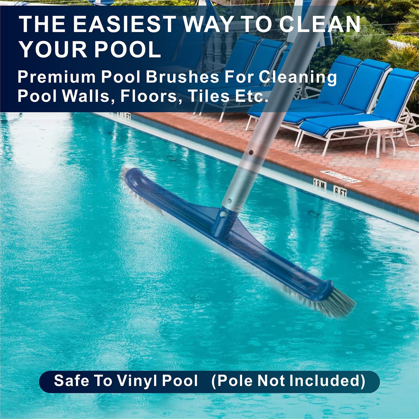 POOLAZA Pool Brush, 17.5" Pool Brushes for Cleaning Pool Walls, Premium Nylon Bristles Pool Brush Head with EZ Clip, Curved Ends High-Efficiency Pool Scrub Brush