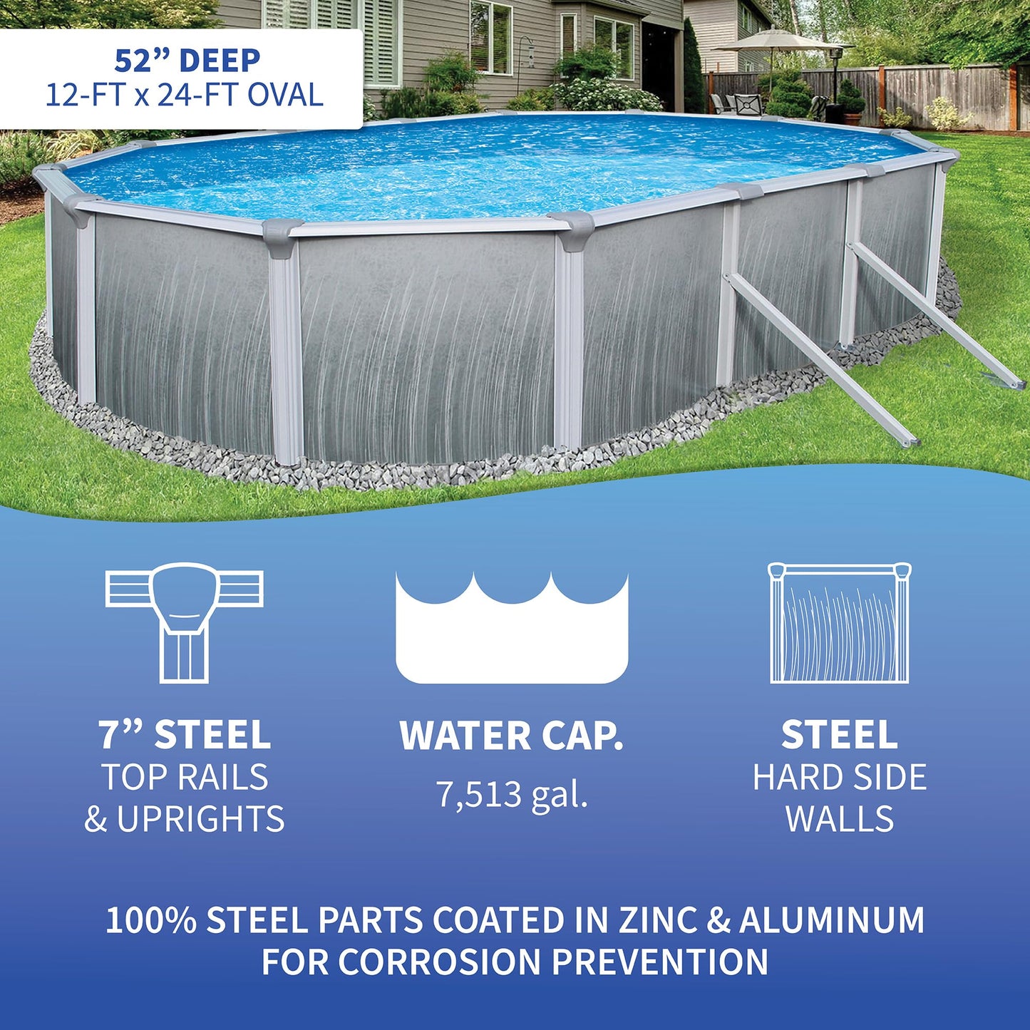 Blue Wave Martinique 12-Feet by 24-Feet Oval 52-Inch Deep 7-Inch Top Rail Metal Wall Swimming Pool Package