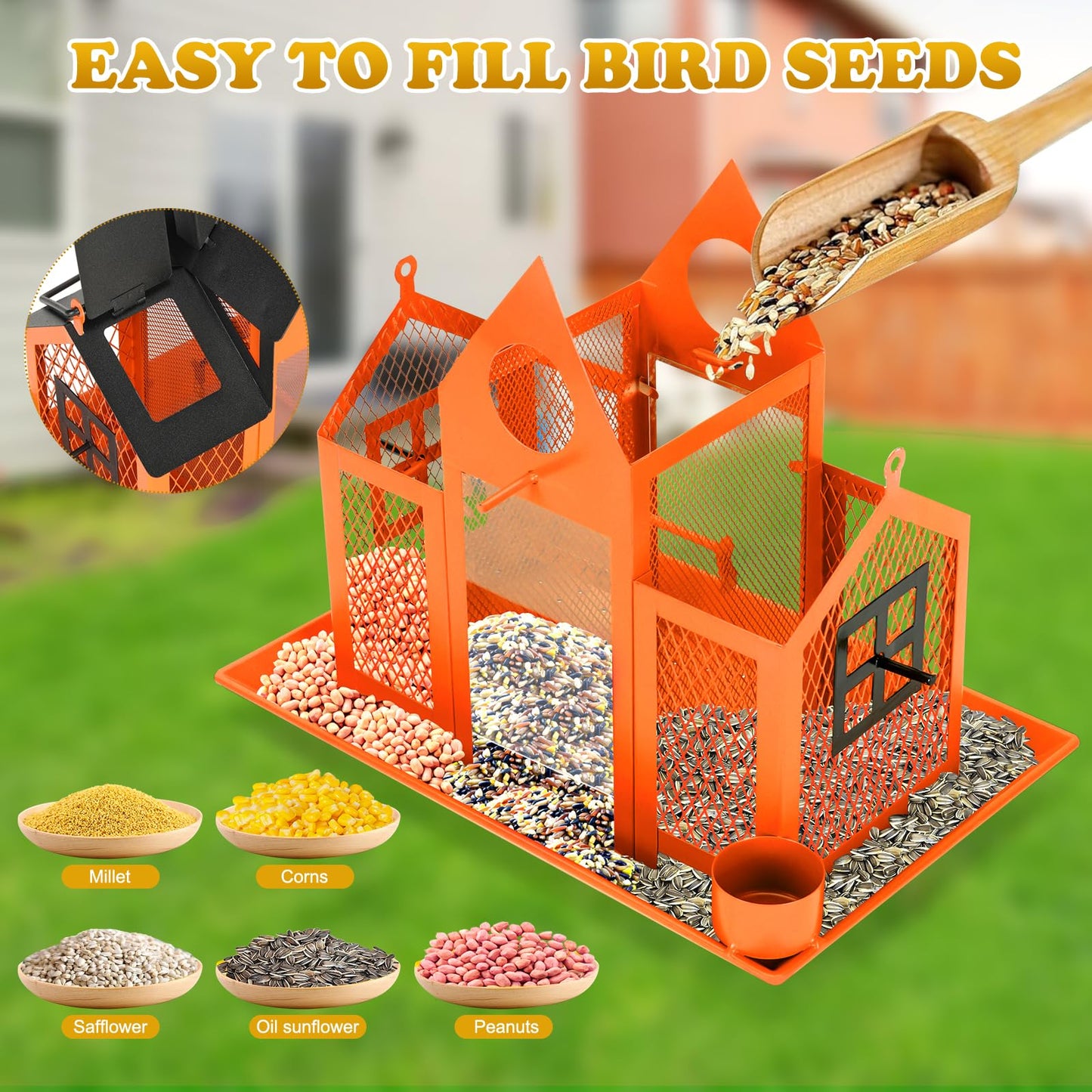 Solar Bird Feeders House for Outside Hanging, Metal Wild Bird Feeder for Outdoors Large Capacity Cardinal Birdfeeder Birdhouses Metal Bird Feeding Station Orange