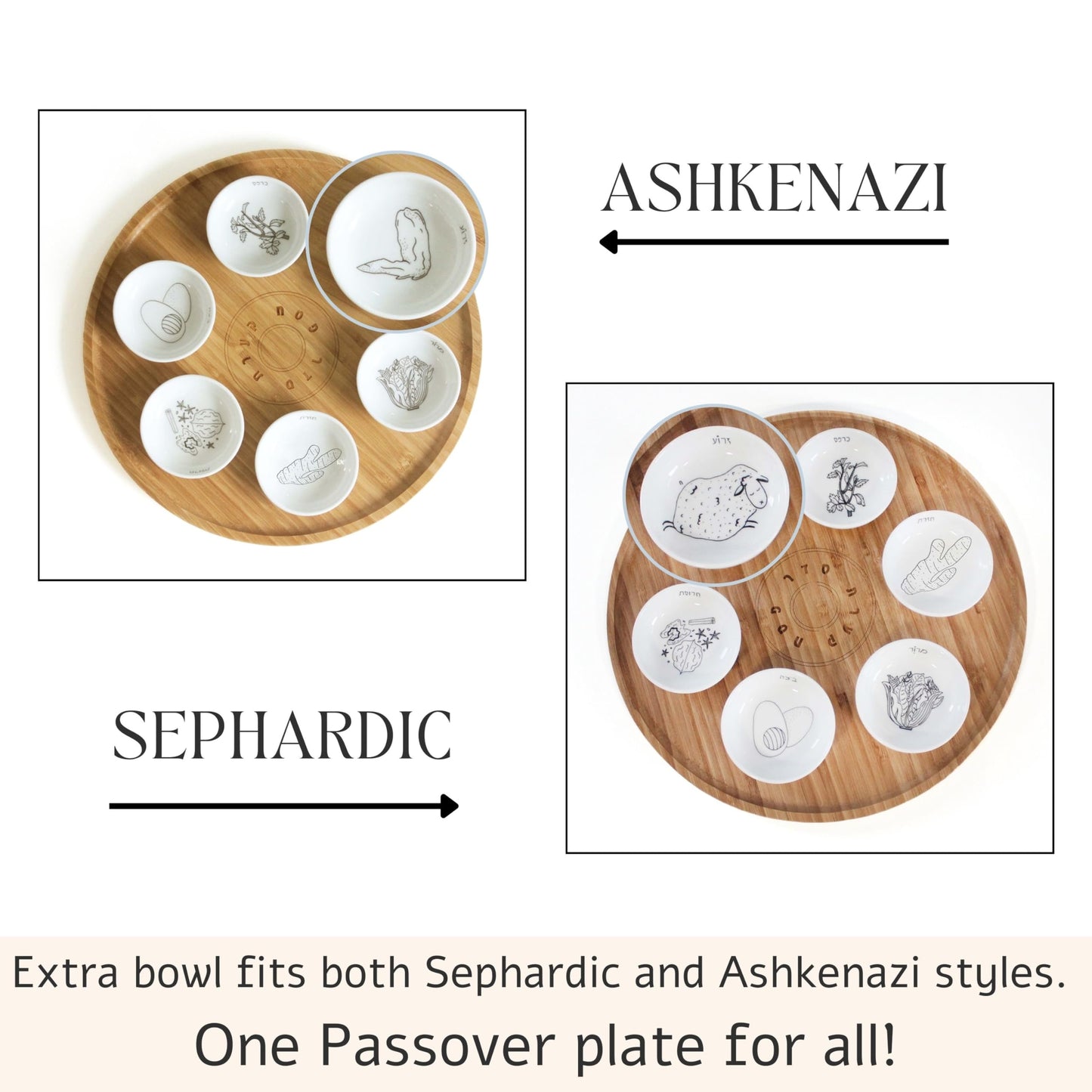 Mickala 13” Passover Seder Plate with 6 Black and White Ceramic Bowls, Hand Made Bamboo Passover Sedar Plate Set, Giftable Packaging, Jewish Holiday and Traditional Table Decorations Gift