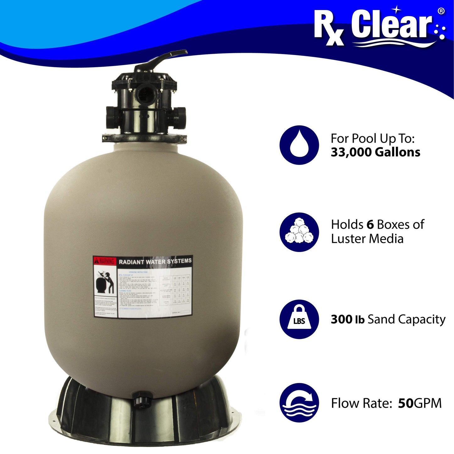 Rx Clear Radiant 24 Inch Sand Filter System | for In-Ground Swimming Pools Up to 33,000 Gallons | 6-Way Top Mount Filter Valve