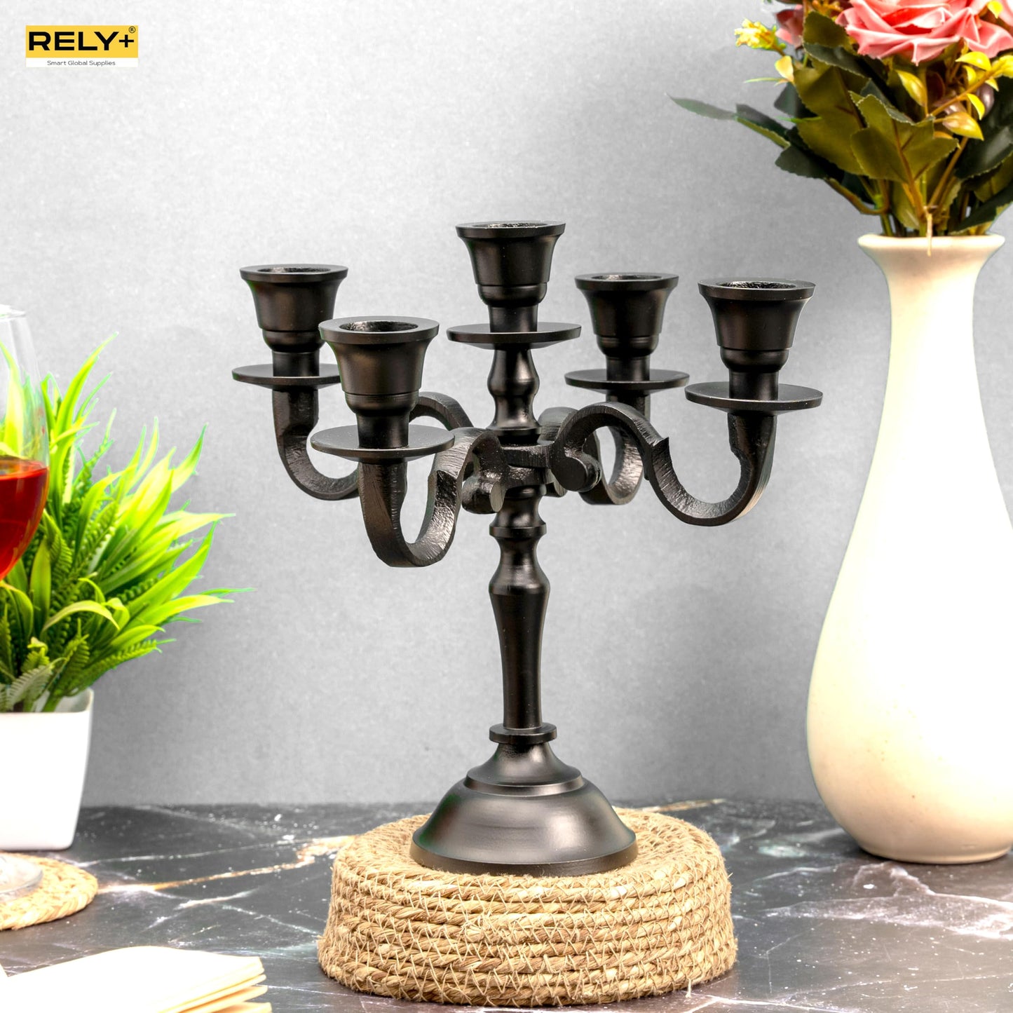 Rely+ 5 Arm Baby Candelabra Black Matte 8" Tall - Taper Candle Holders - Candle Stands - Candlesticks Holders for Home Decor, Wedding, Party, Dining Table Centerpiece, Fit 3/4 inch Mini Candles