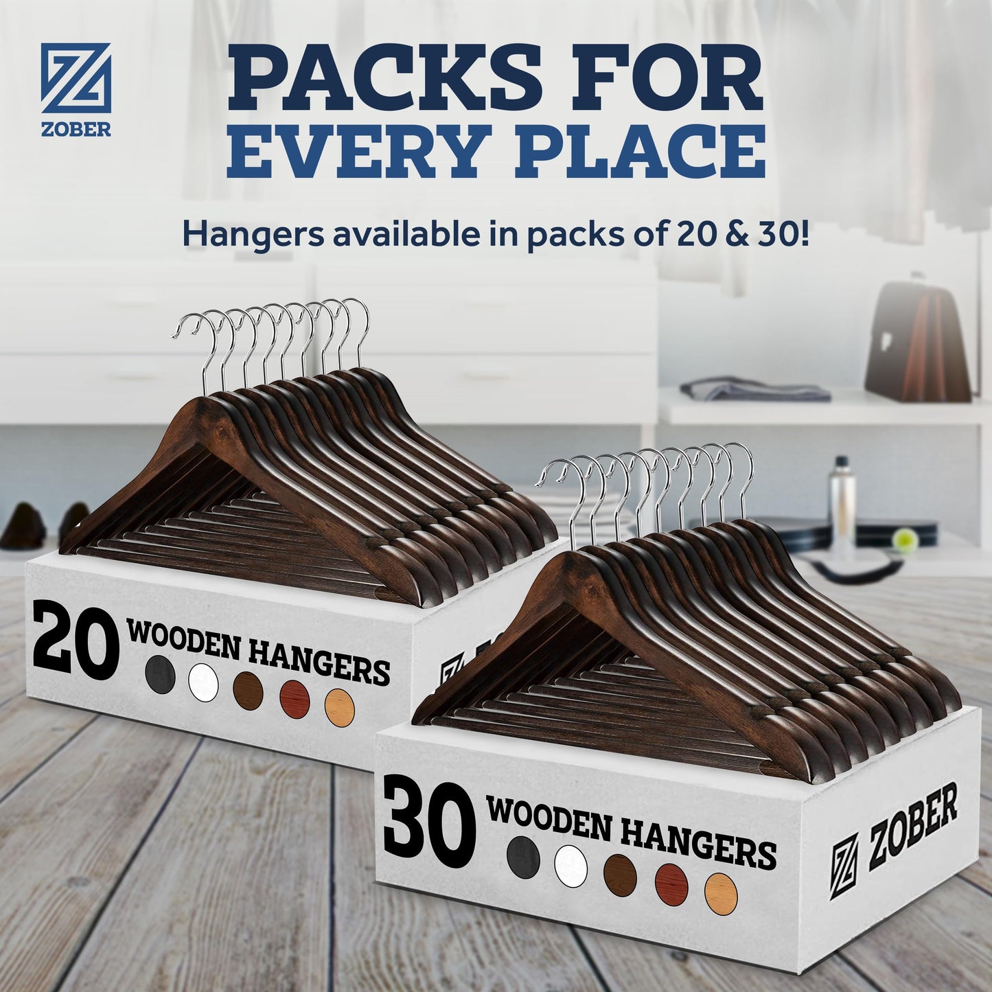 ZOBER Wooden Hangers - 20 Pack, Heavy Duty, Non Slip Wood Hangers for Coats,Suits, Jackets, & Pants - Clothes Hangers for Closet W/Bar and Notches