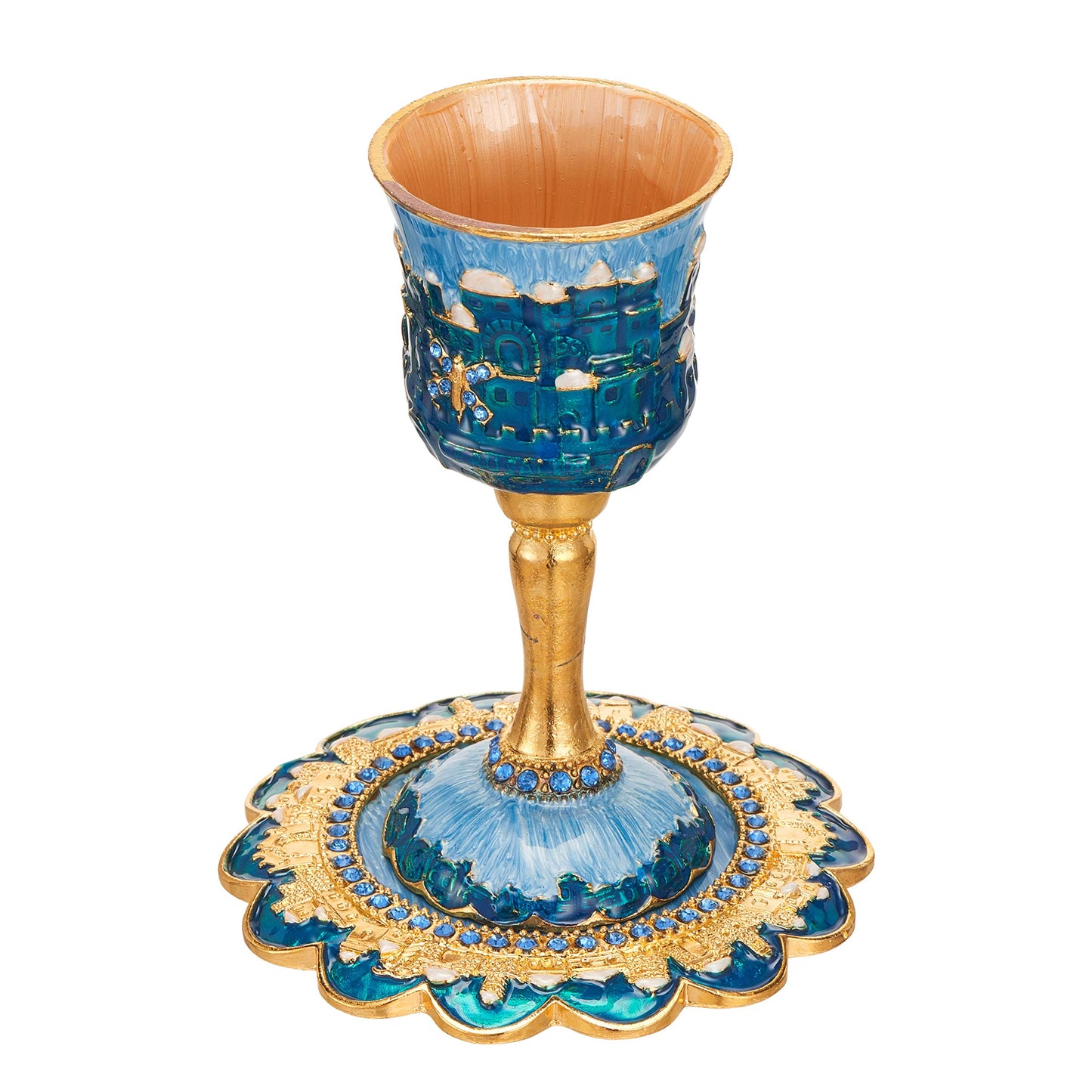 Matashi Hand-Painted Enamel Tall 5" Kiddush Cup Set with Stem and Tray Embellished with Crystals, Jerusalem Cityscape for Weddings Shabbat Havdalah Passover Goblet Judaica Gift