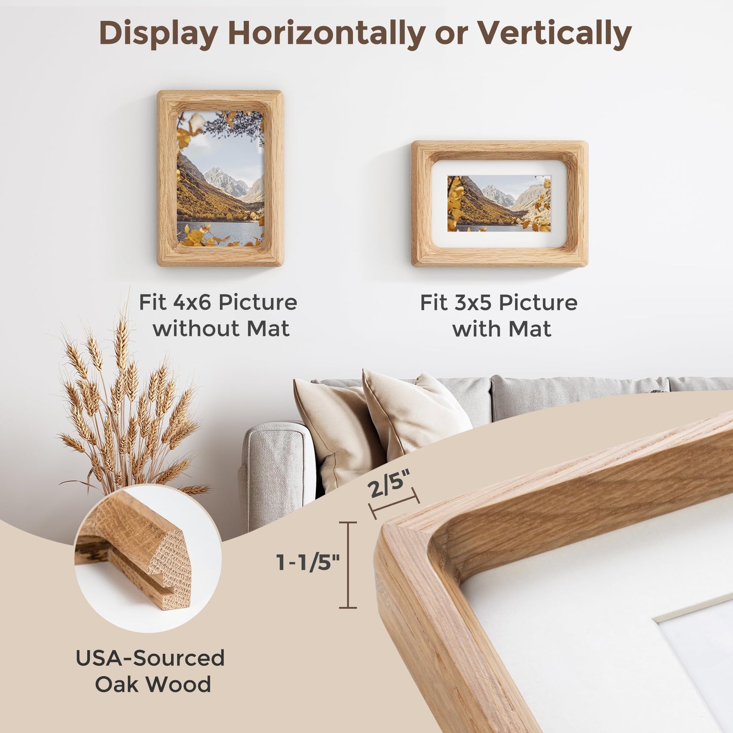 4x6 Picture Frame, USA-Sourced Natural Oak Wood Photo Frame with Tempered Glass, Handcrafted Rounded Corner 4 x 6 Wooden Frame Matted to 3x5 Photos, Wall or Tabletop Display