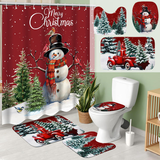 Teenyyou 4 Pcs Christmas Shower Curtains Set with Non Slip Rug Winter Christmas Bathroom Decor Toilet Lid Cover and Bath Mat Snowman Shower Curtain with 12 Hooks for Xmas Bathroom Decor(Red,Classic)