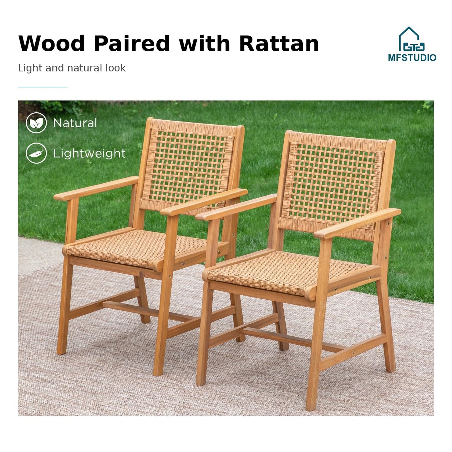 MFSTUDIO 5 Pieces Wood Patio Dining Set, Outdoor Patio Table Chairs Set for 4, Square Acacia Wood Patio Table, 4 x Acacia Wood Patio Chairs with Woven Rattan Design for Lawn, Garden, Backyard