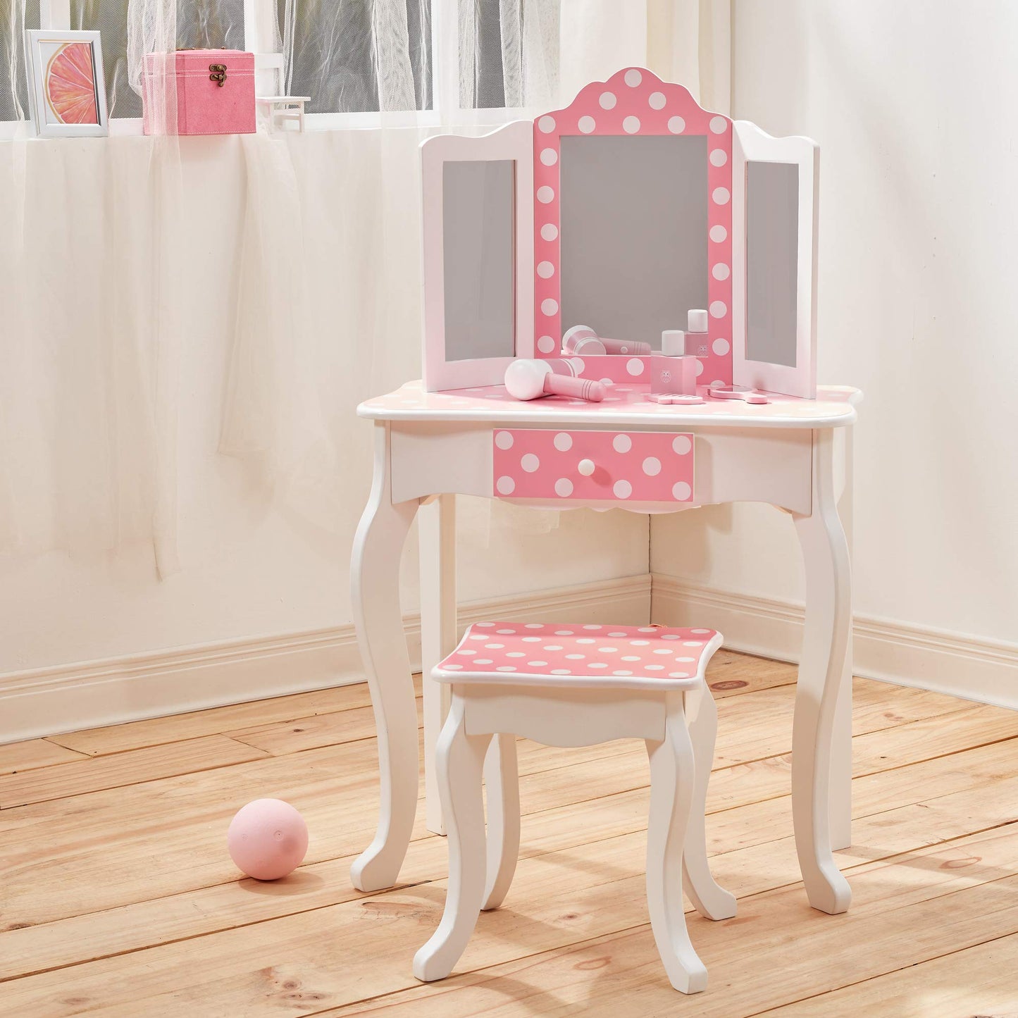 Teamson Kids Princess Gisele Polka Dot Print 2-Piece Kids Wooden Play Vanity Set with Vanity Table, Tri-Fold Mirror, Storage Drawer, and Matching Stool, White with White/Pink Polka Dot Accent