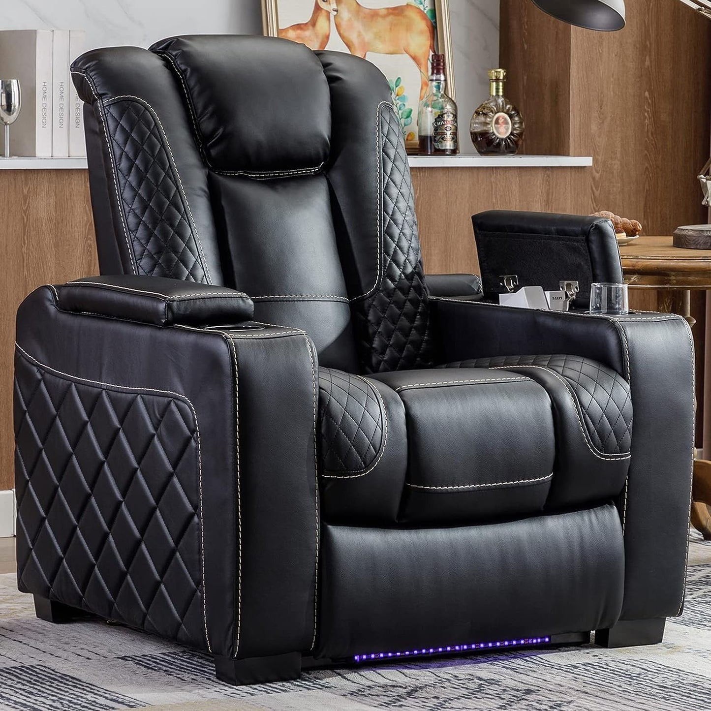 CANMOV Electric Power Recliner Chair with Ambient Lighting, Faux Leather Dual Motor Power Home Theater Seating with Adjustable Headrest, Hidden Arm Storage,Cup Holders,USB Ports (Single, Black)