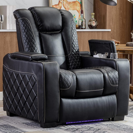 CANMOV Electric Power Recliner Chair with Ambient Lighting, Faux Leather Dual Motor Power Home Theater Seating with Adjustable Headrest, Hidden Arm Storage,Cup Holders,USB Ports (Single, Black)