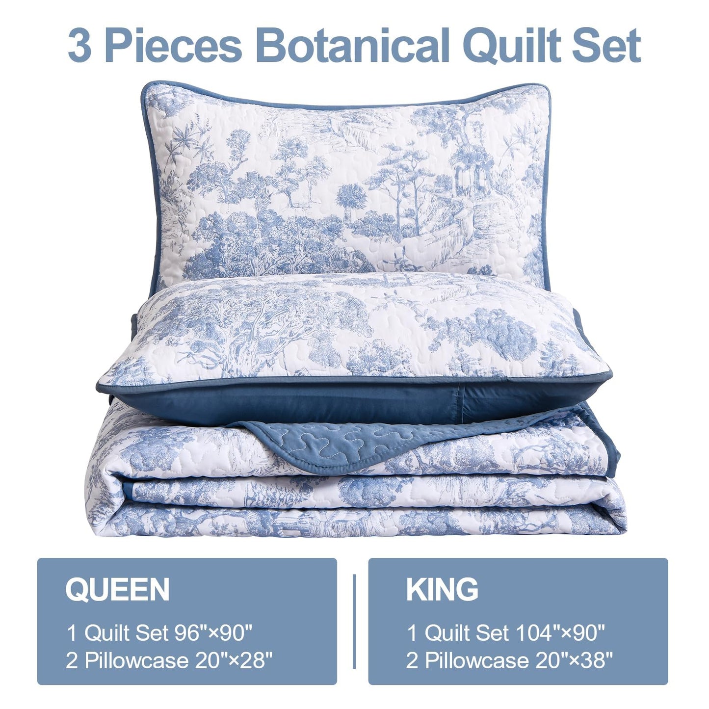 WONGS BEDDING Blue Quilt Set Full Size, 3 Pieces Botanical Bedspreads Set Lightweight Microfiber Blue Plants Pattern Coverlet Home Decor for All Seasons (90"x78")