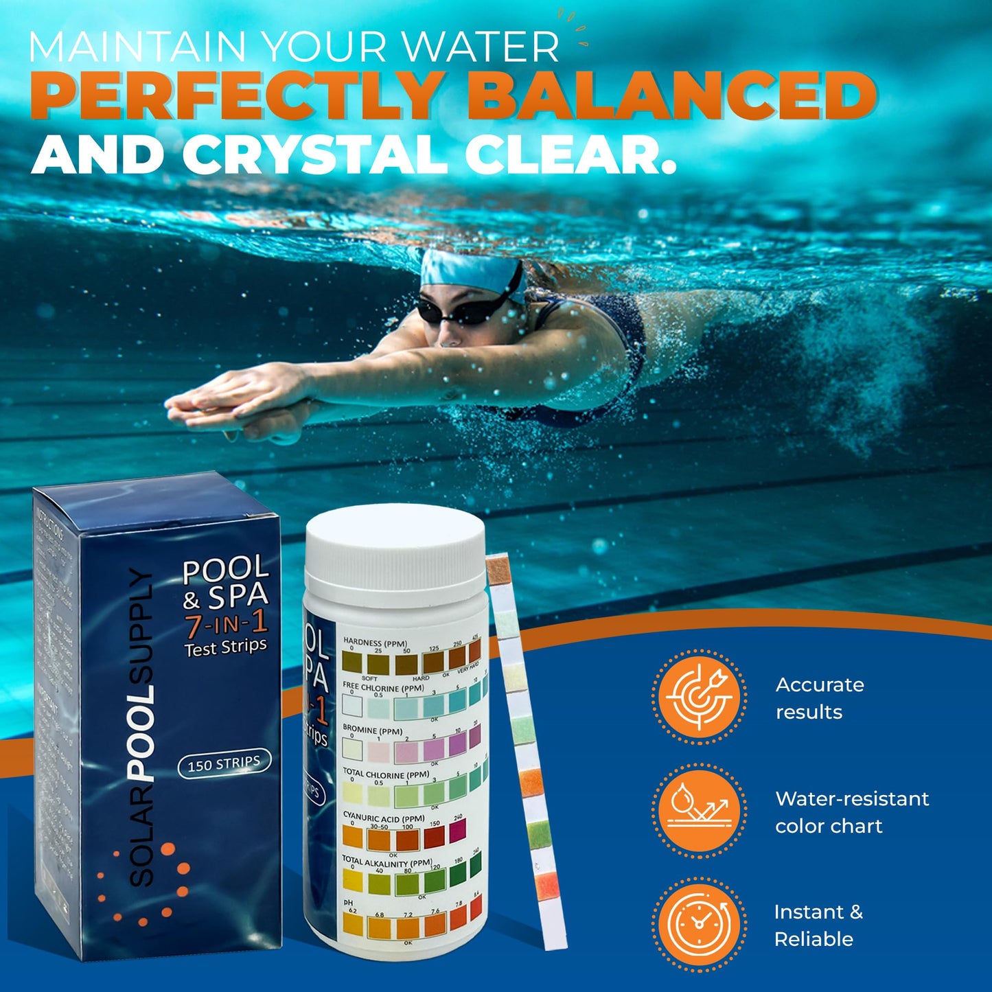 7-in-1 Pool Test Strips - 150 Pool Water Chemical Test Strips - Super Easy to Use - Results in Seconds - Great for Pools, Spas & More! Test pH, Chlorine, Alkalinity, Bromine, Hardness, Cyanuric Acid