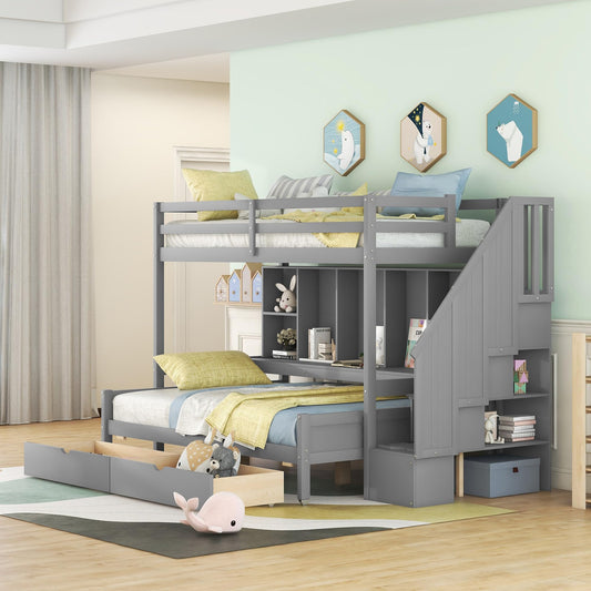 Twin XL Loft Bed with Desk and Stairs Wood Twin XL Over Full Bunk Bed with Storage Shelves and Drawers Modern Bunkbed Frame with Staircase and Bookcase for Kids Boys Girls Teens, Gray