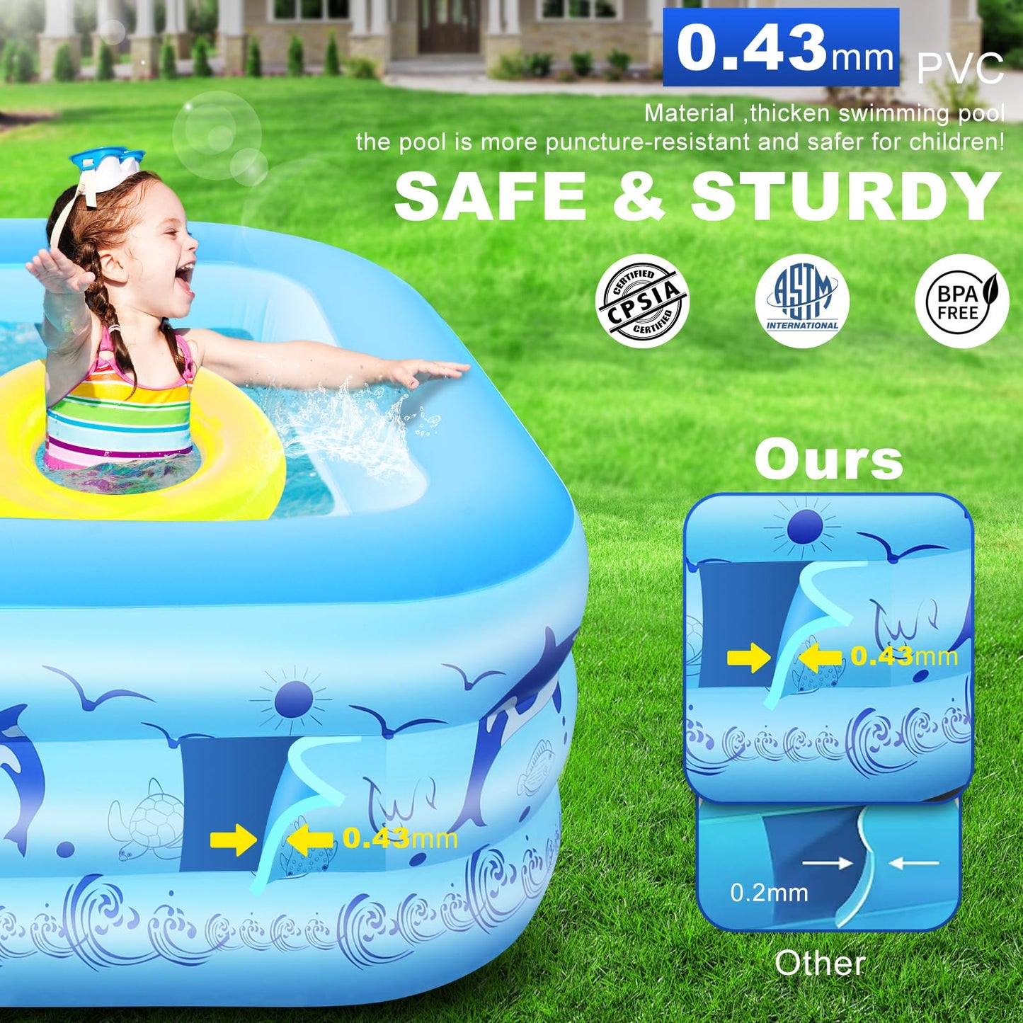 StarOcean Inflatable Pool with Lights,2024 Upgraded Family Inflatable Swimming Pool for Kids,Adults, BlowUp Pool Solar Powered,Large Kiddle Pool,106"x66"x26''Oversized Thickened Pool for Backyard-Blue