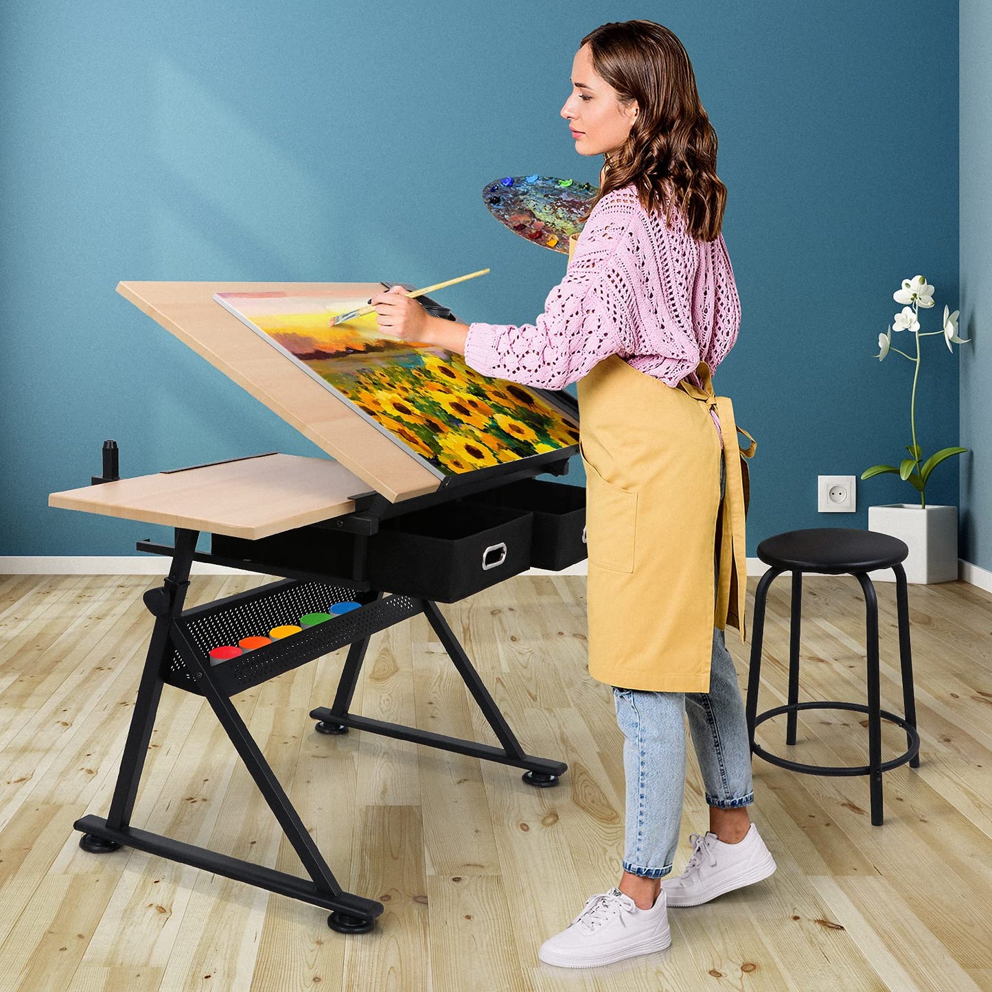 ZENY Drafting Table Art Desk Drawing Table Height Adjustable Artist Table Tilted Tabletop w/Drafting Stool and Storage Drawer for Reading, Writing, Crafting, Painting Art