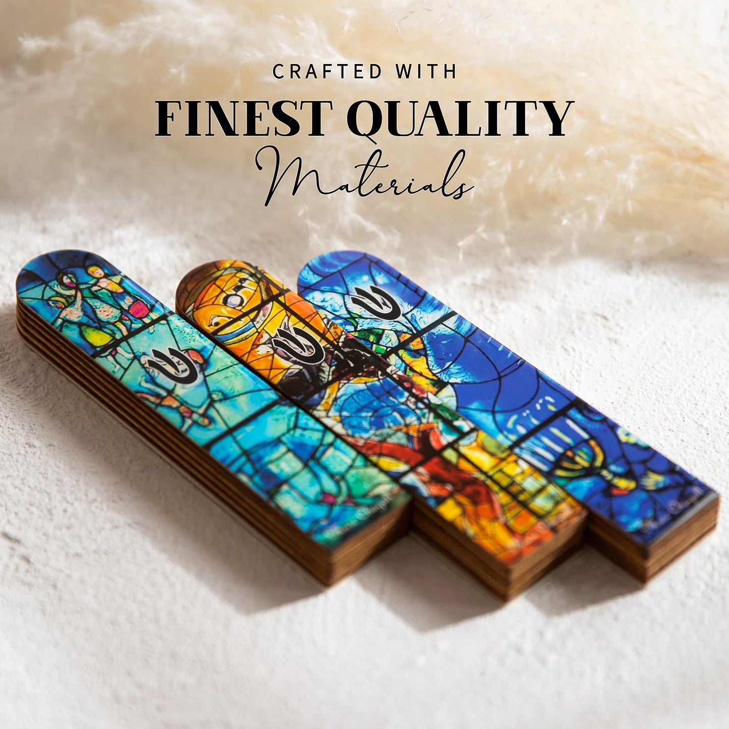 Wooden Mezuzah for Door | Contemporary 5 Inch Mezuzah Case with Non Kosher Scroll | Self Stick Mezuzahs for Easy Installation | Judaica Turquoise Chagall-Inspired Design, Packaged in a Gift Box