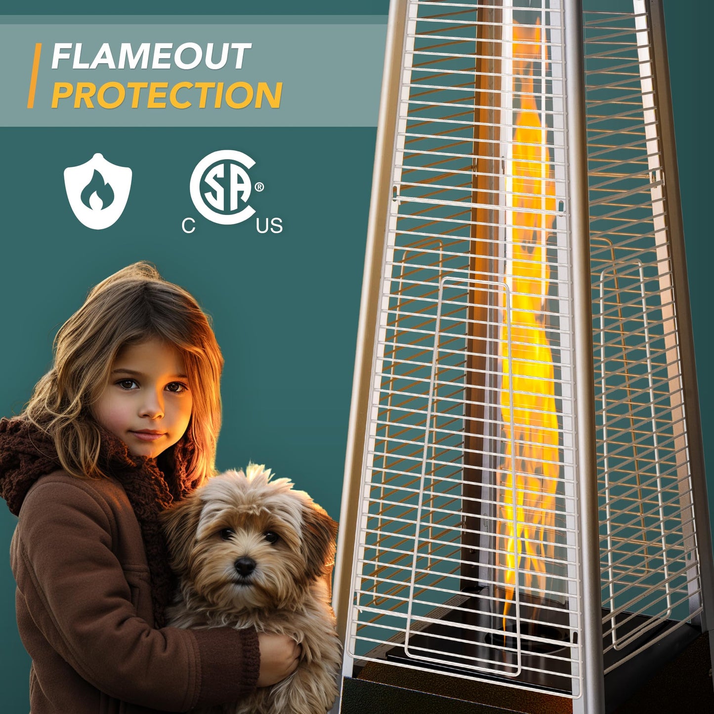 Pamapic Patio Heater, 48,000 BTU Pyramid Flame Outdoor Heater with Cover, Quartz Glass Tube Hammered Bronze Tower Propane Outdoor Heater with Wheels