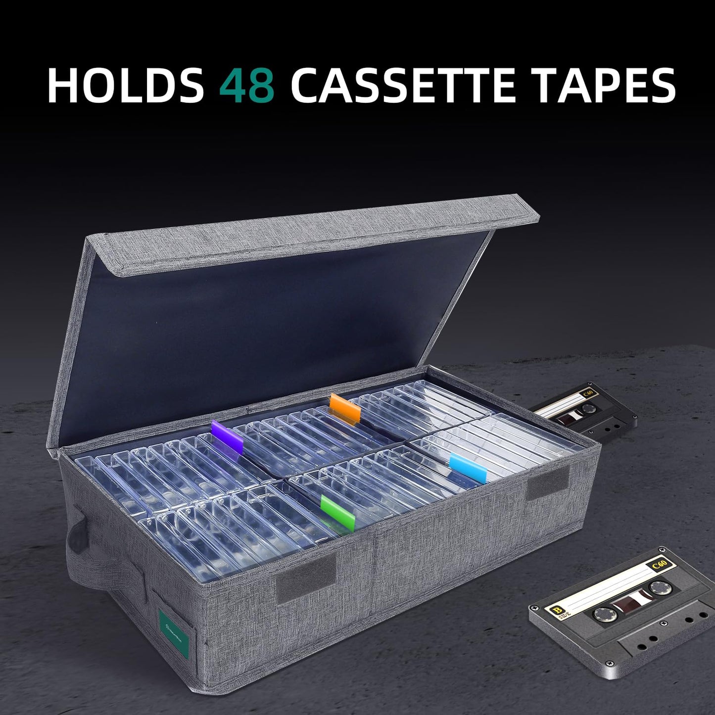 T WaveTree Cassette Tape Storage Box Pack of 2, Practical Cassette Tape Holder 16.34 x 9.25 x 3.54 Inch, Cassette Rack with Lids and Index Labels to store to 96 Cassette Cases - Gray