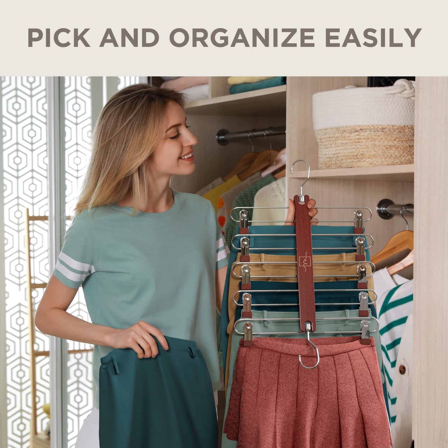 MORALVE Skirt Hangers Space Saving - European Beechwood Shorts Hangers & Skirt Hangers - Women Space Saving Skirt Hangers with Clips - Closet Organizers & Storage 5 Tier Skirt Hanger Skirt Organizer