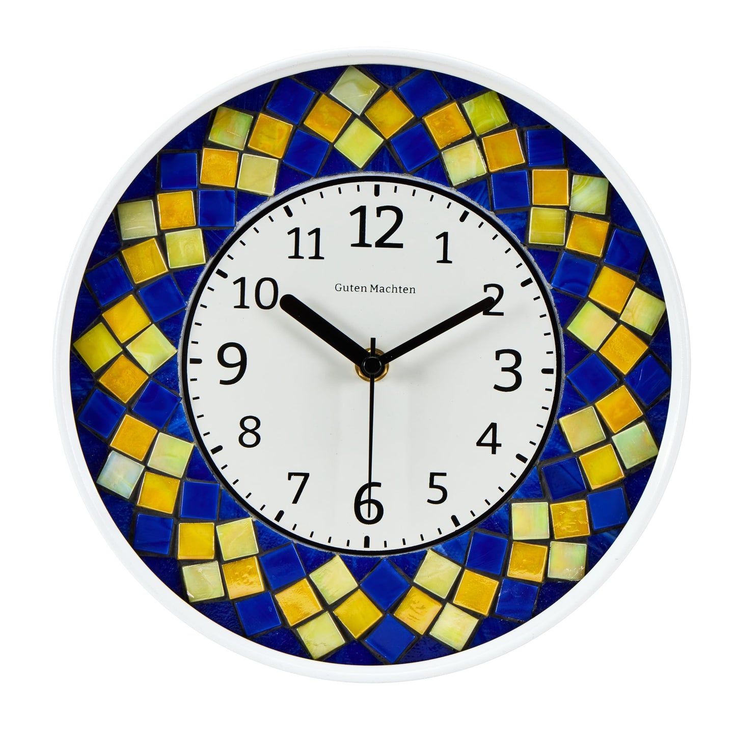 Guten Machten 10'' Mosaic Small Wall Clock Glass Silent Non-Ticking Analog Living Room Decor Office Unique Pattern Square Yellow Blue CLK002