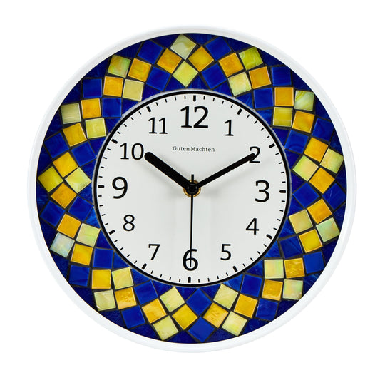 Guten Machten 10'' Mosaic Small Wall Clock Glass Silent Non-Ticking Analog Living Room Decor Office Unique Pattern Square Yellow Blue CLK002