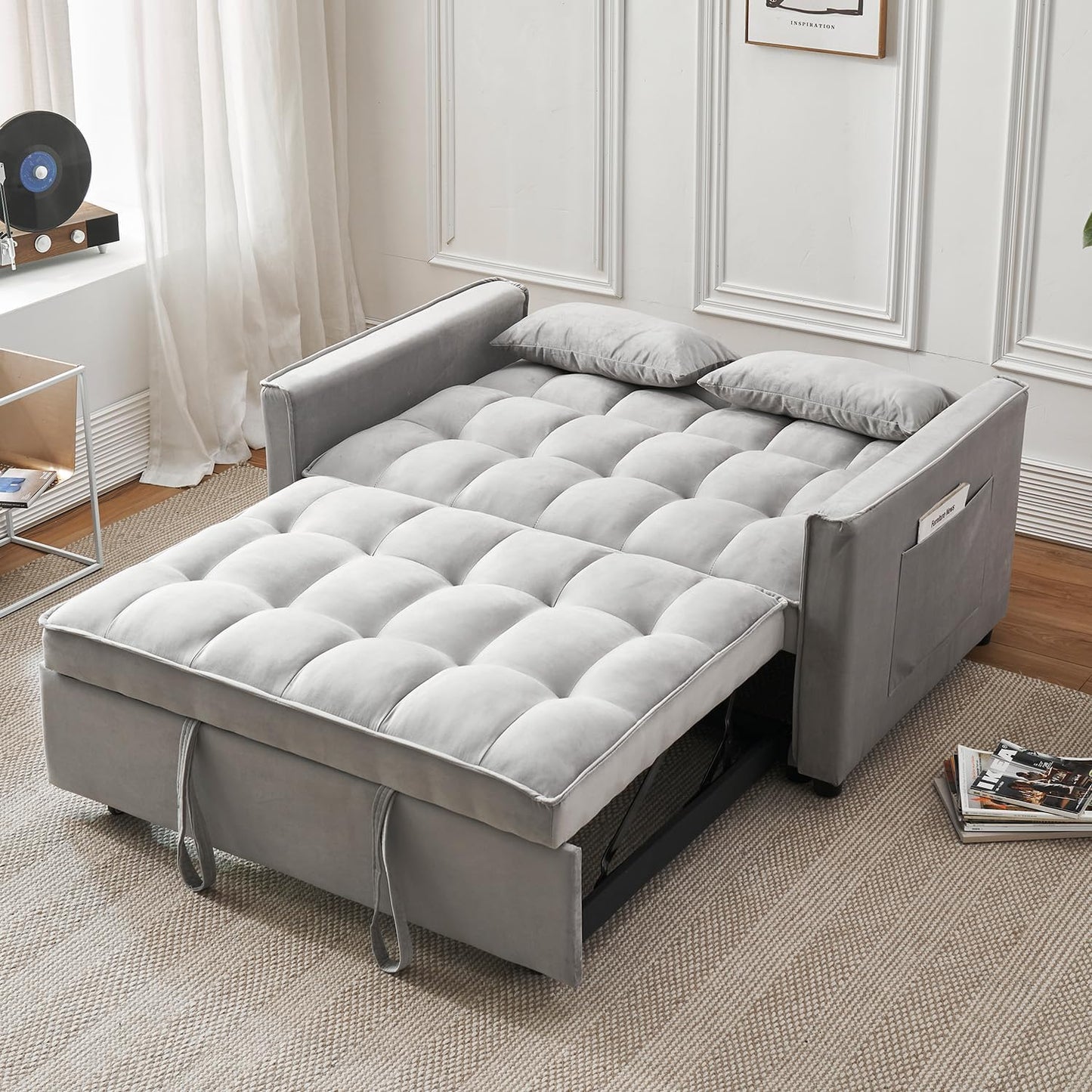 FENFSHE Convertible Sleeper Sofa Bed, Modern Velvet 3-in-1 Futon Couch Pullout Bed with Adjustable Backrest, Storage Pockets and Toss Pillows for Living Room, Bedroom (Grey)