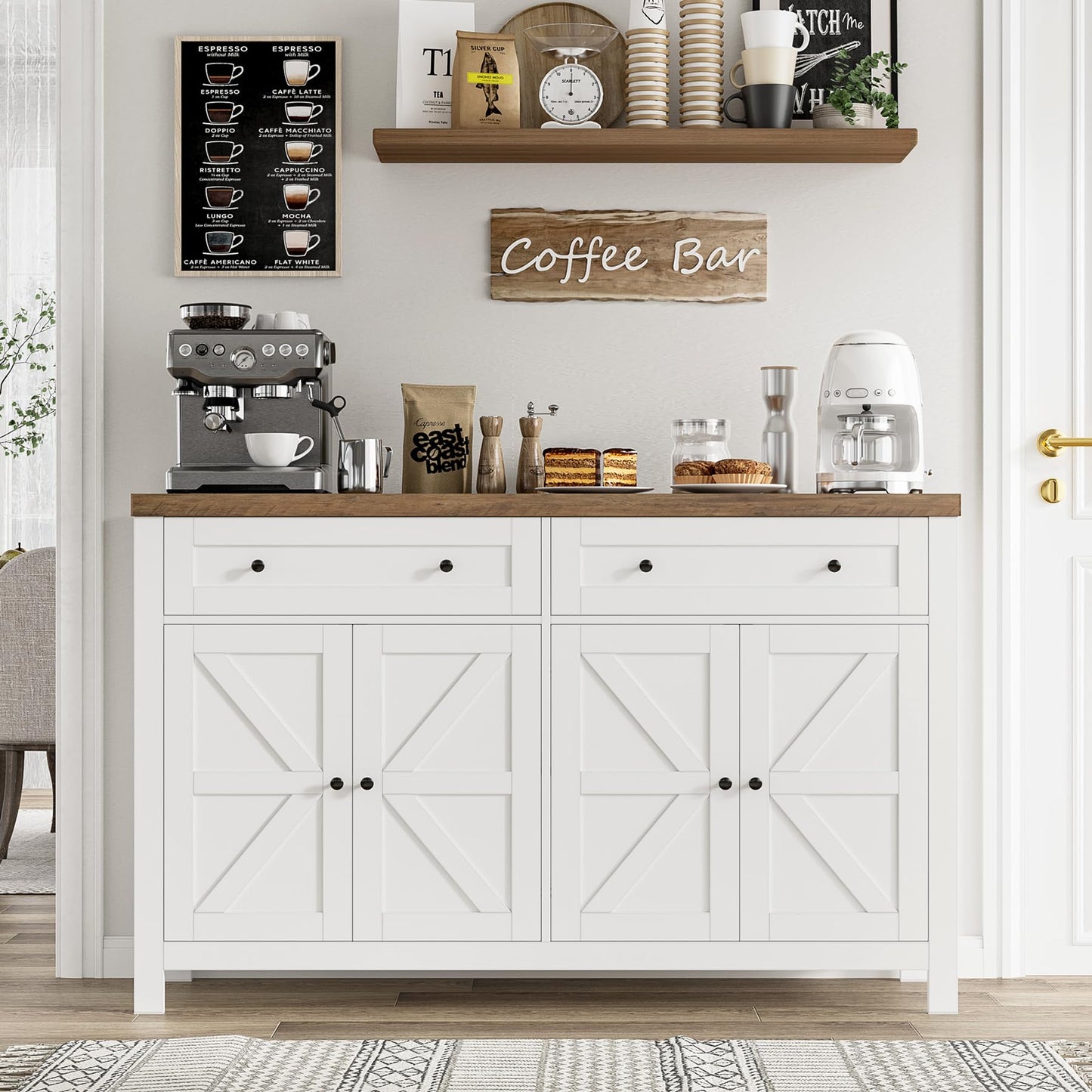 HOSTACK 55" Buffet Sideboard Cabinet with Storage, Modern Farmhouse Coffee Bar Cabinet with Drawers and Shelves, Barn Doors Storage Cabinet for Kitchen, Living Room, White